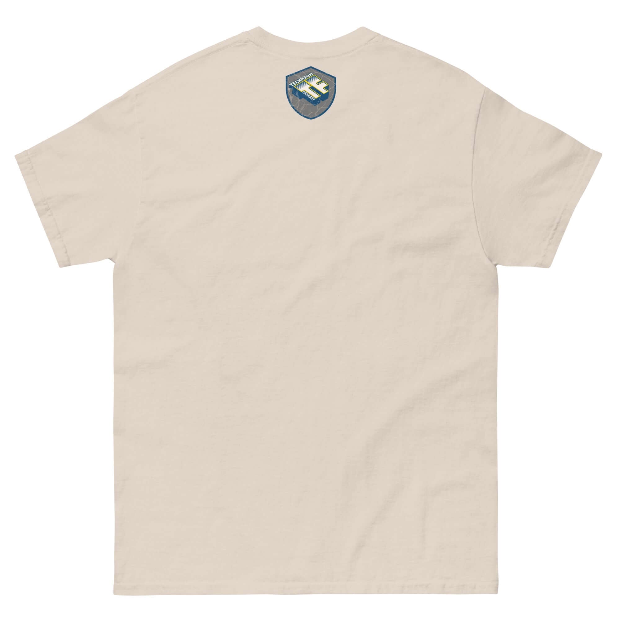 Back view of beige t-shirt with nautical-themed shield logo near neckline, casual style, comfortable fabric, perfect for everyday wear.