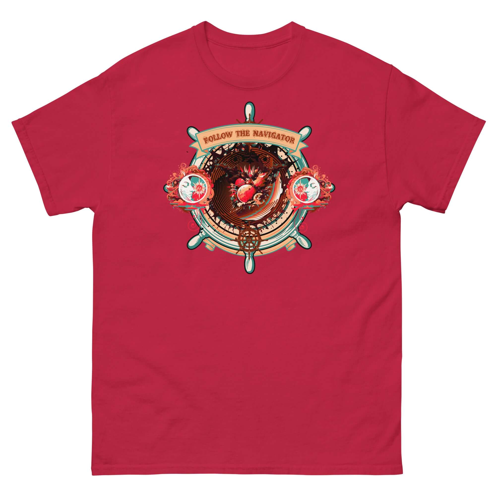 Red "Follow The Navigator" T-shirt featuring a cosmic compass design, perfect for life's journey and adventure seekers.