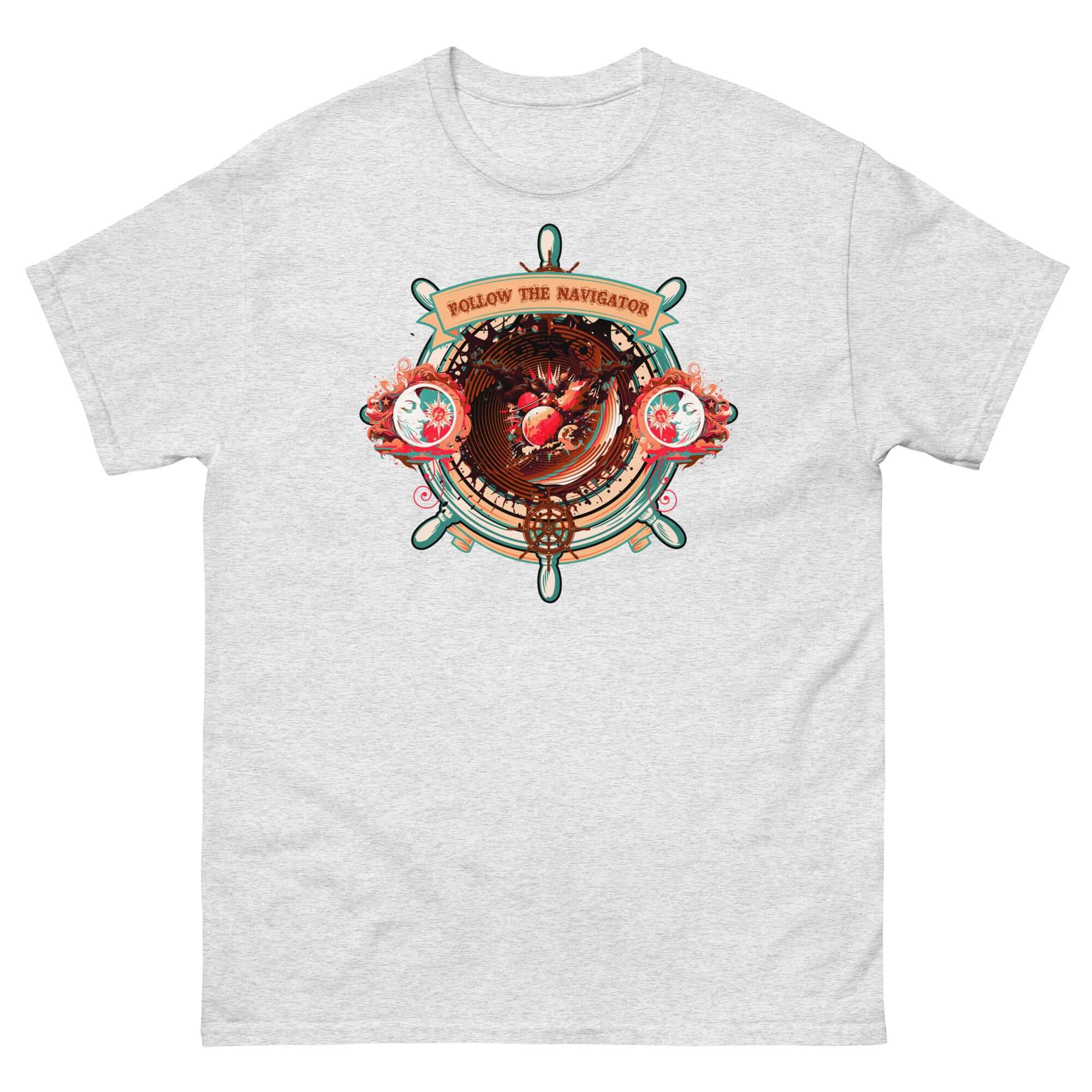 Follow The Navigator T-Shirt with cosmic compass design, celestial ship's wheel, turquoise blue, perfect for life's journey.