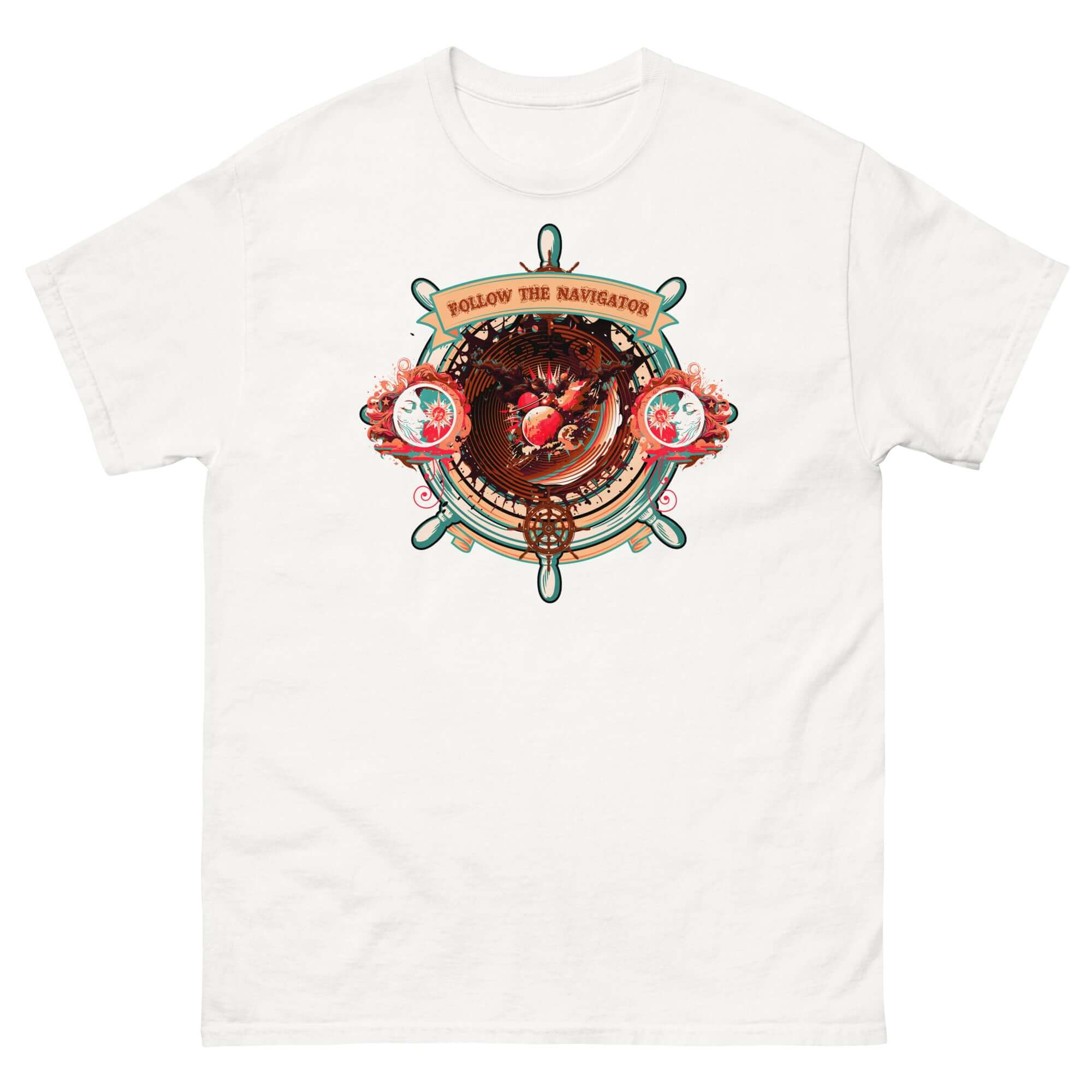 Follow The Navigator T-Shirt featuring a nautical ship's wheel and cosmic compass design, perfect for life's journey.