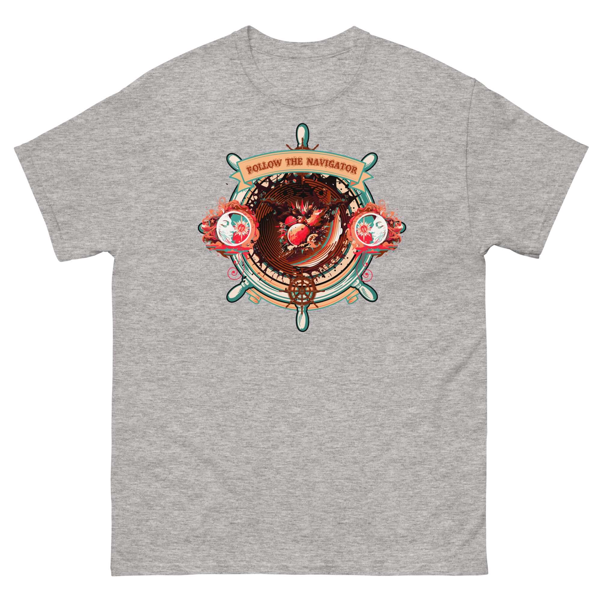 Gray t-shirt featuring a cosmic compass design, blending nautical and celestial elements for life's journey. "Follow the Navigator" text.