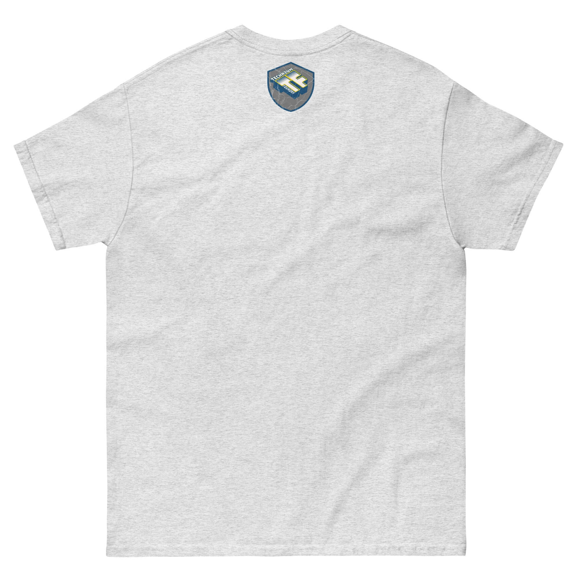 Back view of a white t-shirt featuring a small teal and navy design at the top center.