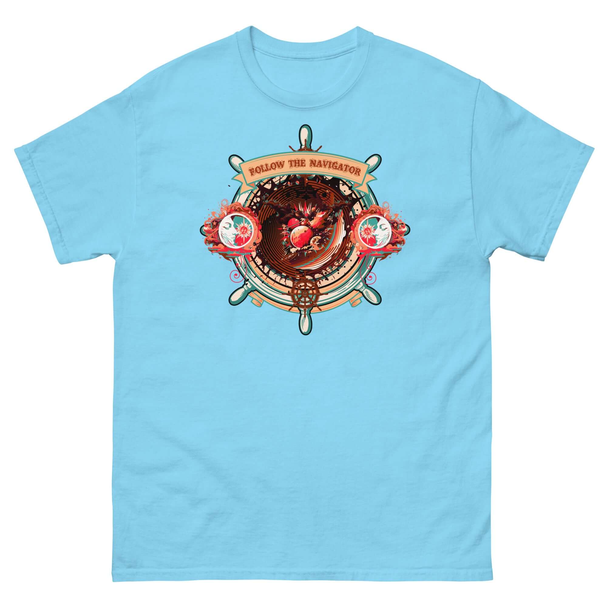 Turquoise t-shirt with a nautical and celestial ship's wheel design, titled 'Follow The Navigator,' blending cosmic and practical navigation themes.