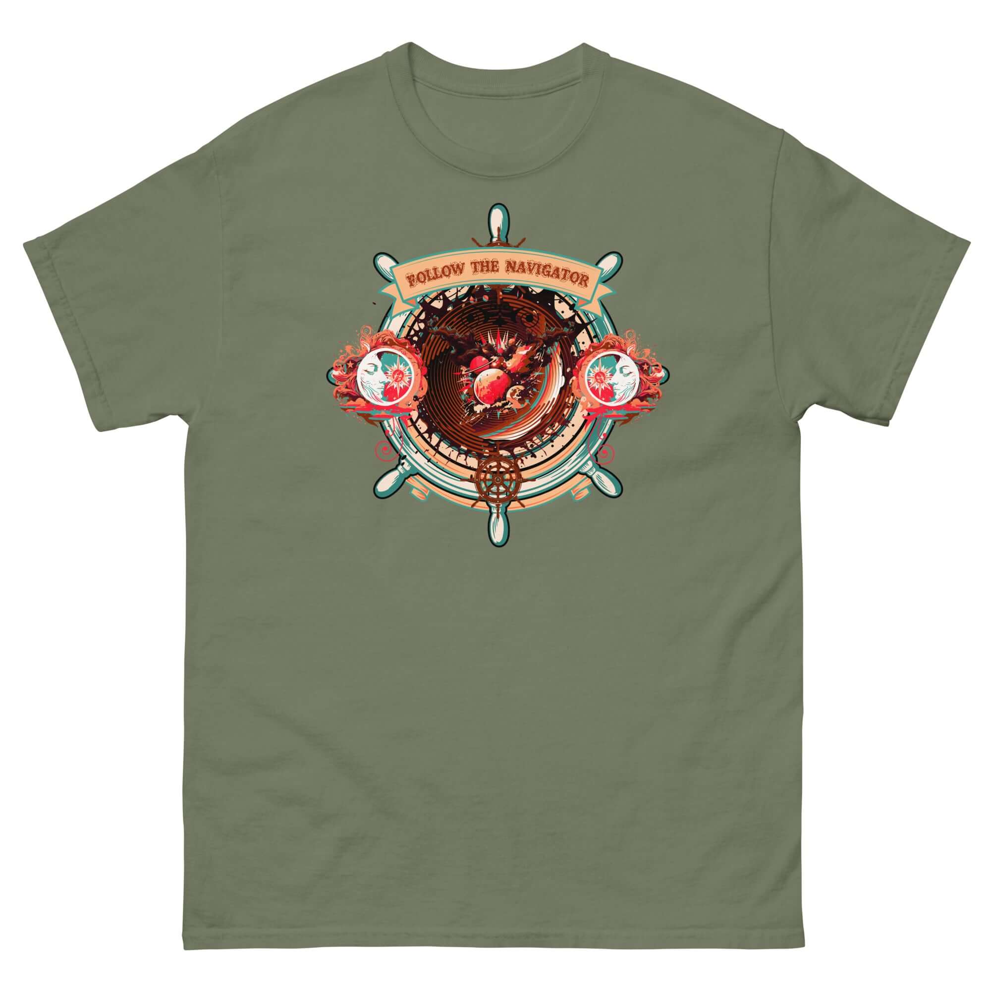 Nautical-themed green t-shirt with a cosmic compass and ship's wheel design, perfect for life's journey and spiritual navigation.