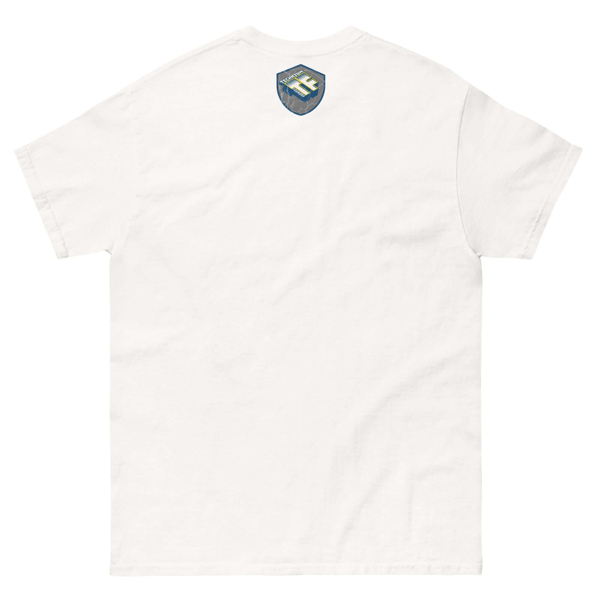 Back view of Follow The Navigator T-Shirt with small logo on white fabric, featuring cosmic compass design.