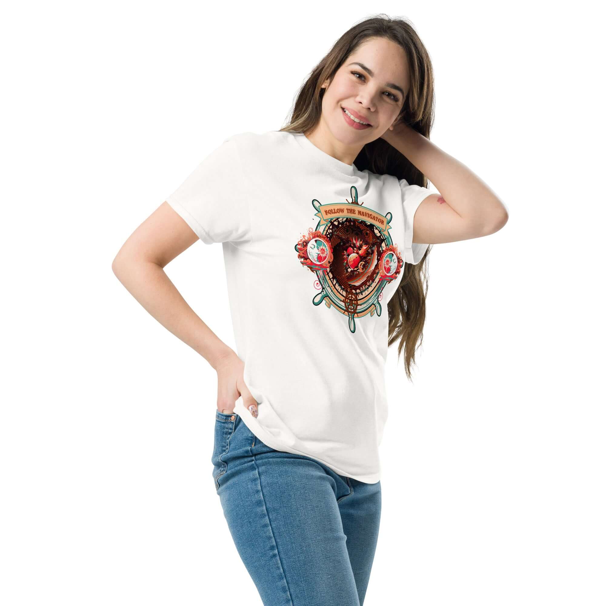 Woman wearing a Follow The Navigator T-Shirt featuring a cosmic compass and ship's wheel design, capturing nautical and celestial themes.
