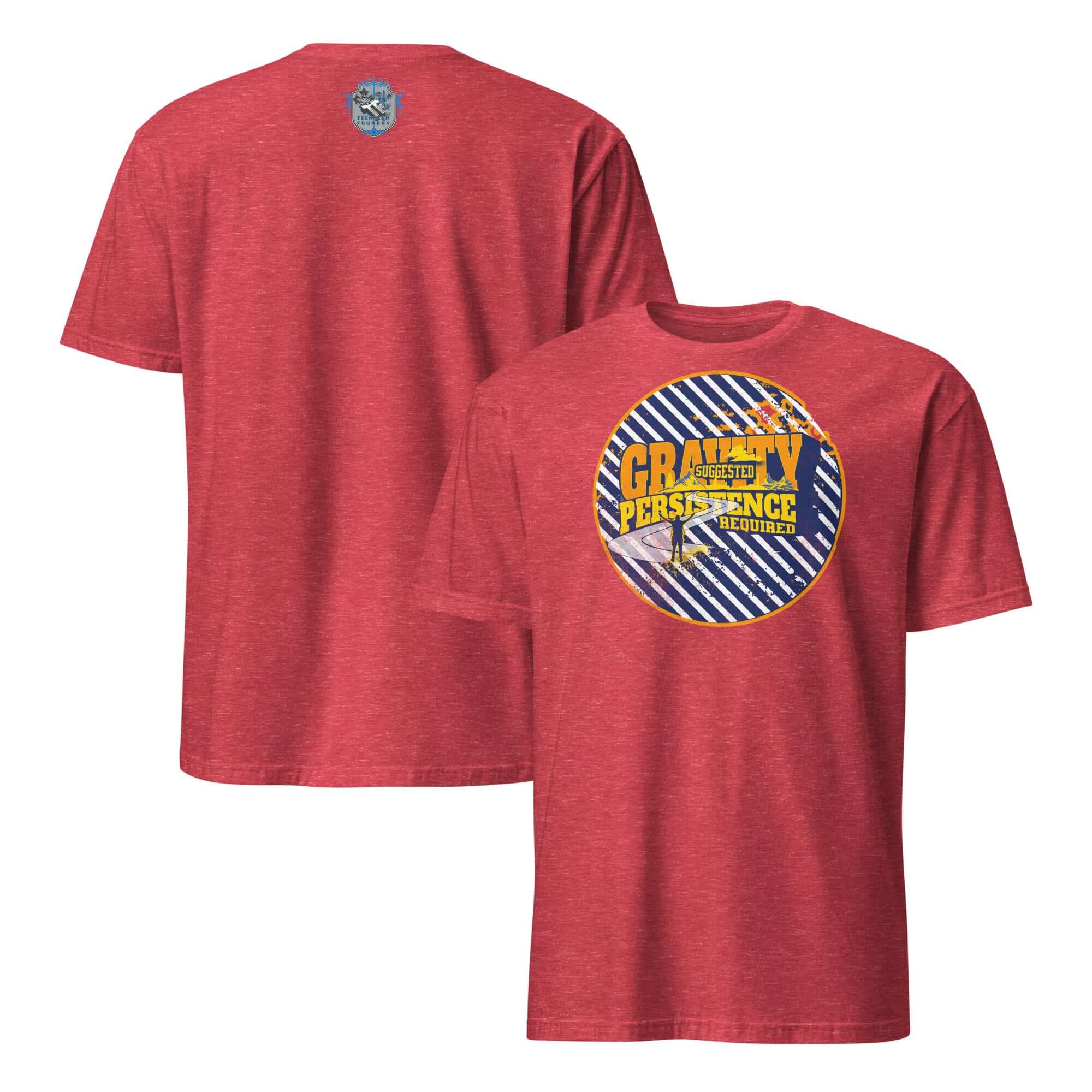 Red t-shirt with 'Gravity: Suggested. Persistence: Required.' design featuring navy blue, white stripes, and golden-yellow typography.