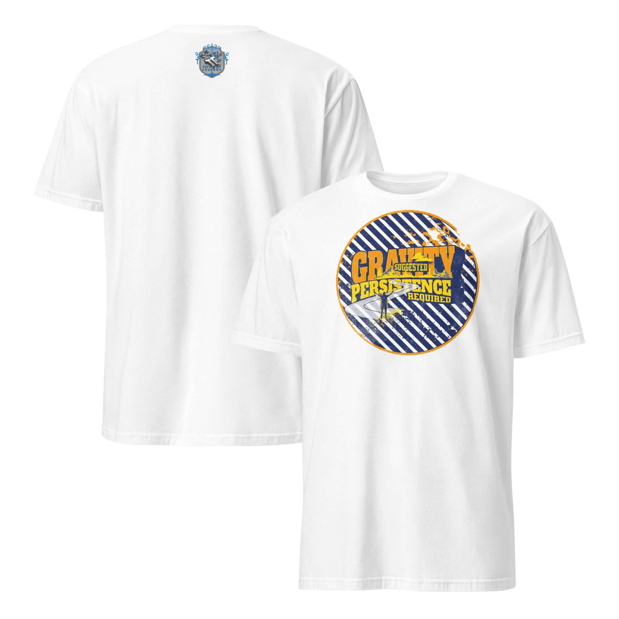 White t-shirt featuring a bold design with navy blue and white stripes, golden-yellow typography reading 'Gravity Suggested. Persistence Required.'