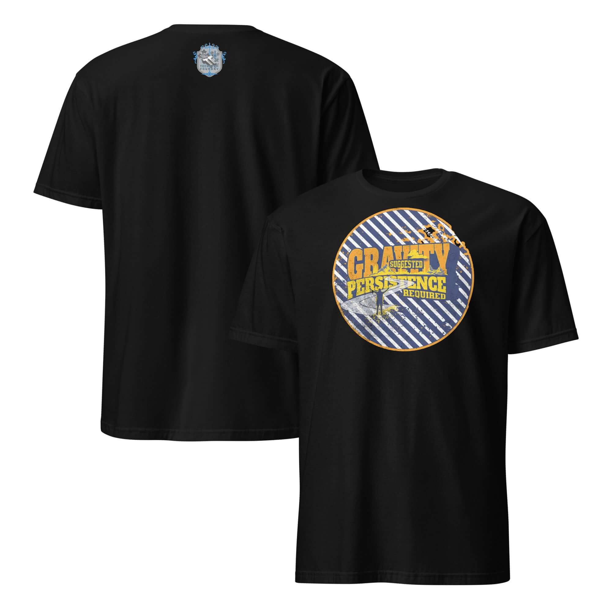 Black t-shirt with bold 'Gravity: Suggested, Persistence: Required' emblem, navy blue and white stripes, golden-yellow typography.