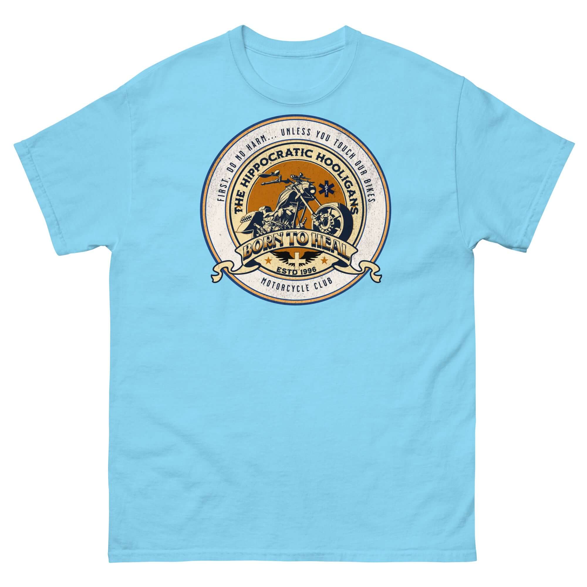 Hippocratic Hooligans Motorcycle Club T-Shirt in blue with vintage biker patch design.