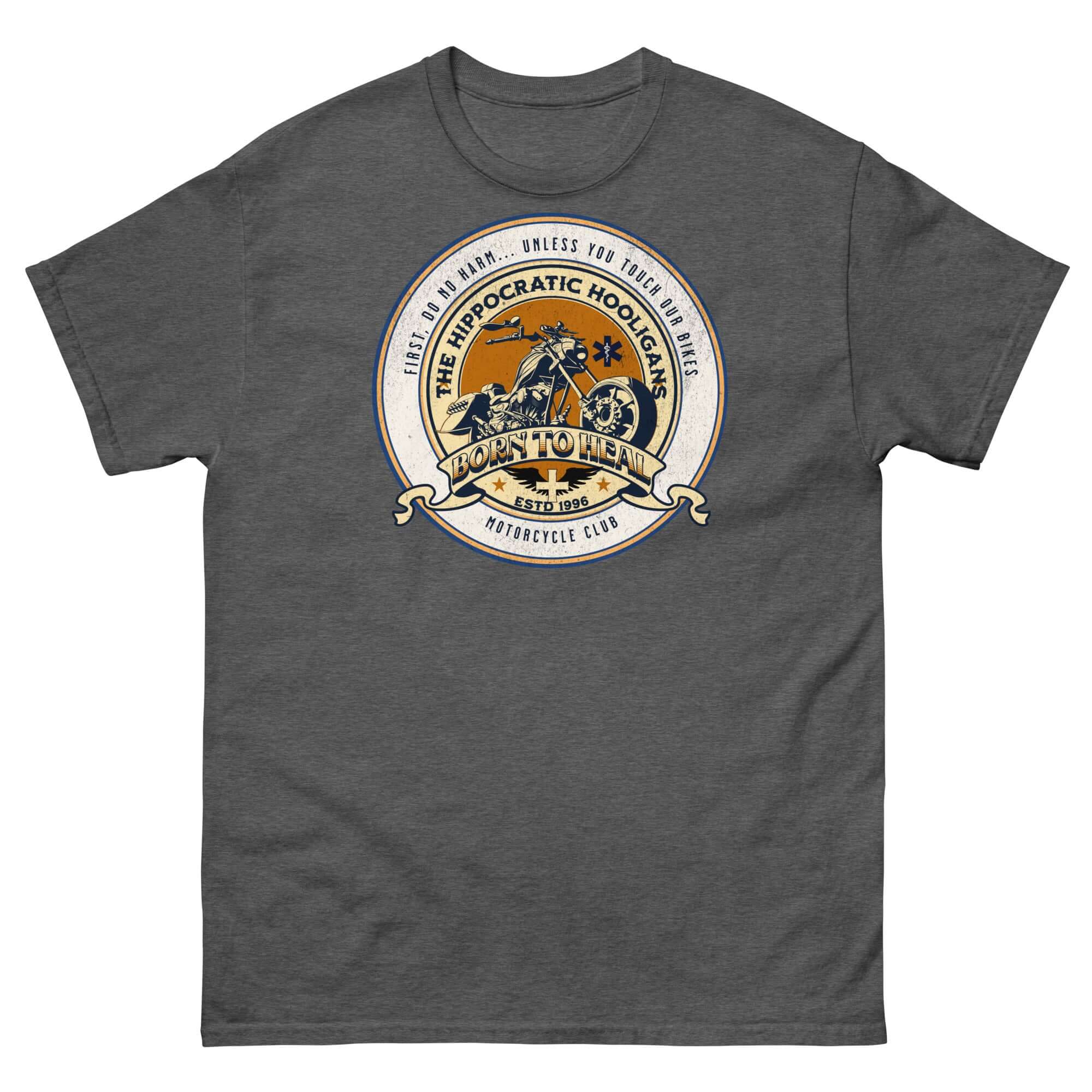 Hippocratic Hooligans Motorcycle Club T-Shirt with vintage biker patch design, ideal for medical professionals and motorcycle enthusiasts.