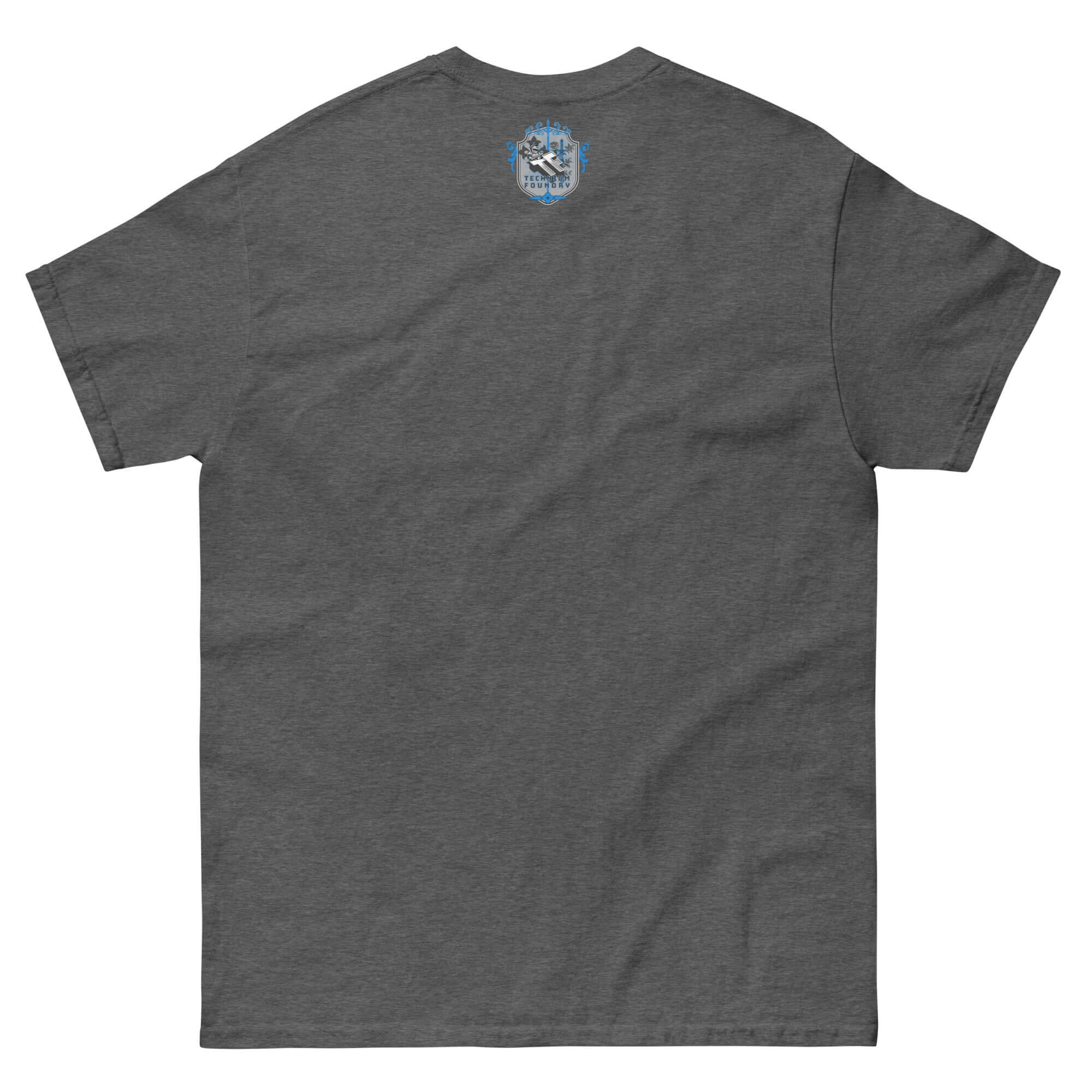 Back view of Hippocratic Hooligans Motorcycle Club T-Shirt with biker patch design on charcoal fabric.