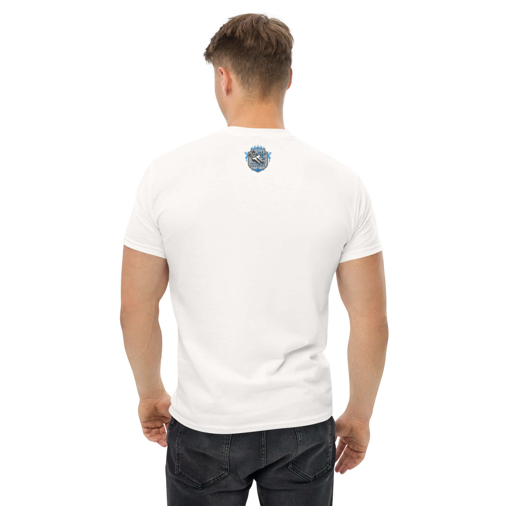 Back view of man wearing white Hippocratic Hooligans Motorcycle Club T-Shirt with biker patch design.