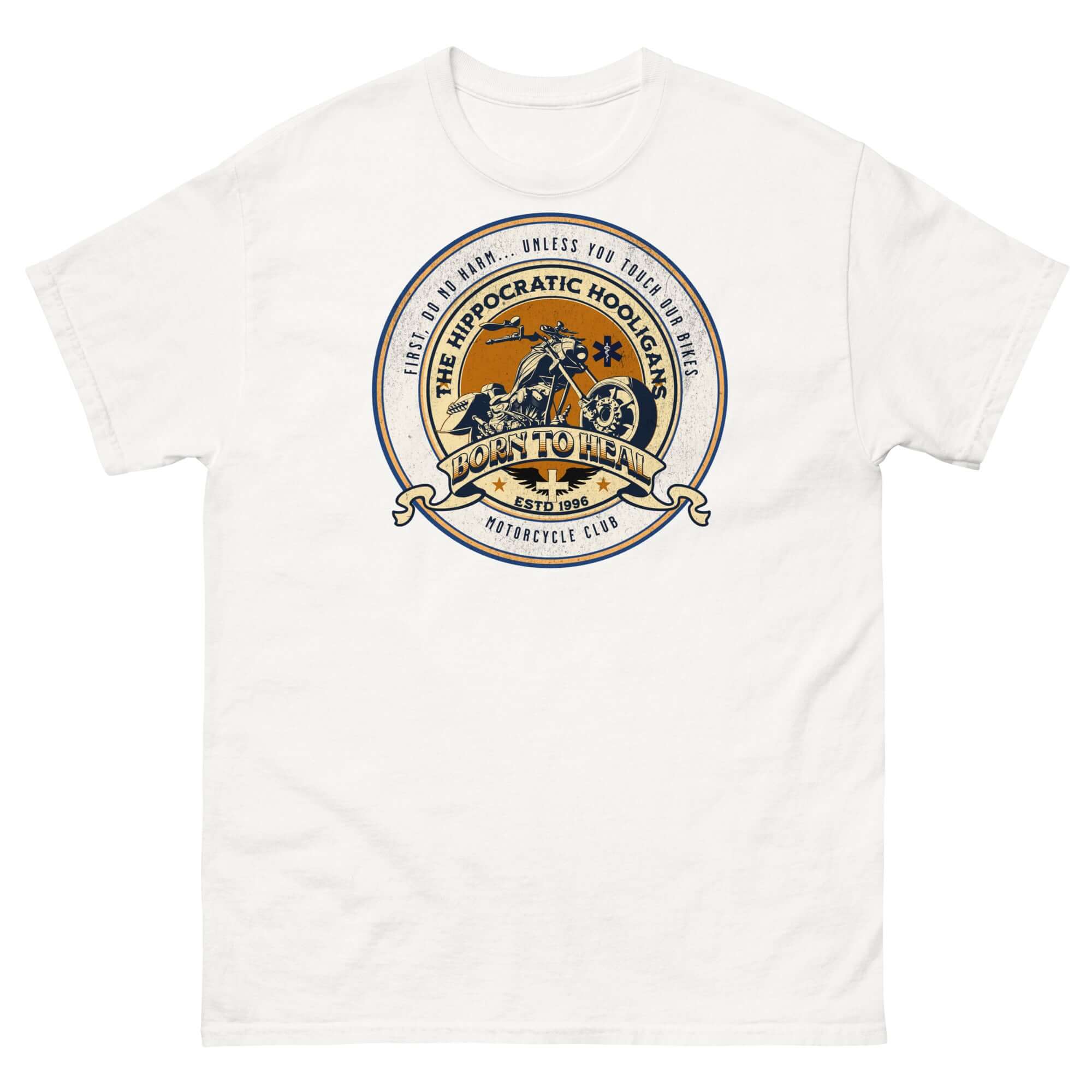 White t-shirt with Hippocratic Hooligans Motorcycle Club patch design, combining medicine and biker culture.