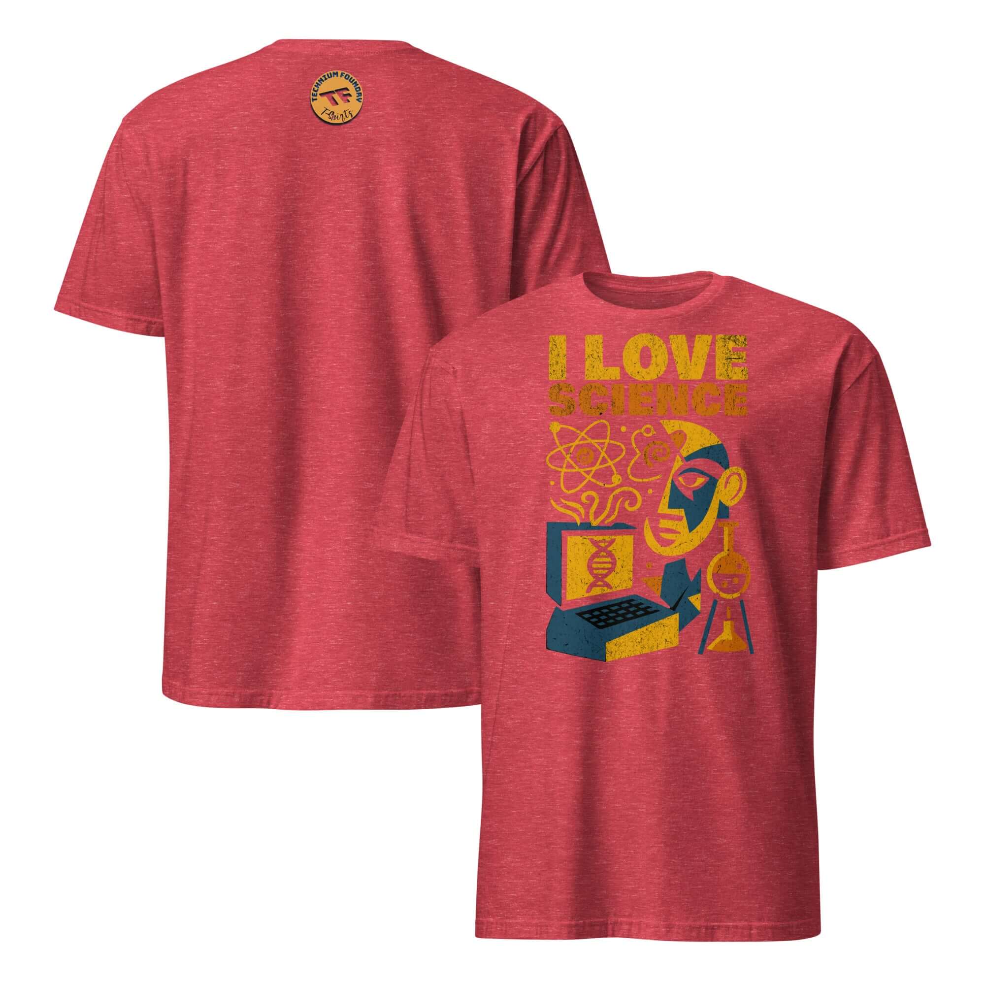 Red t-shirt with "I Love Science" slogan, featuring scientific graphics, perfect for expressing passion for academic romance.