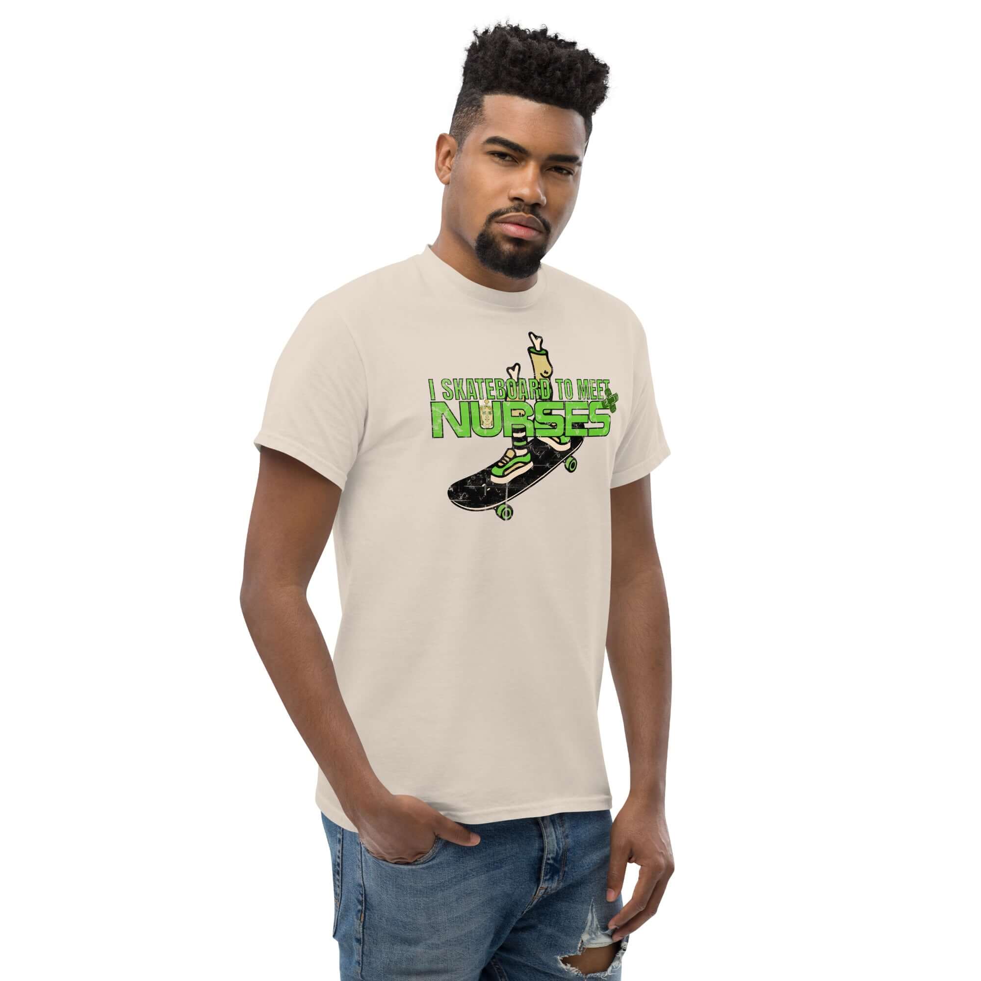 "I Skateboard To Meet Nurses" t-shirt featuring humorous emergency room theme, worn by a model with denim jeans.