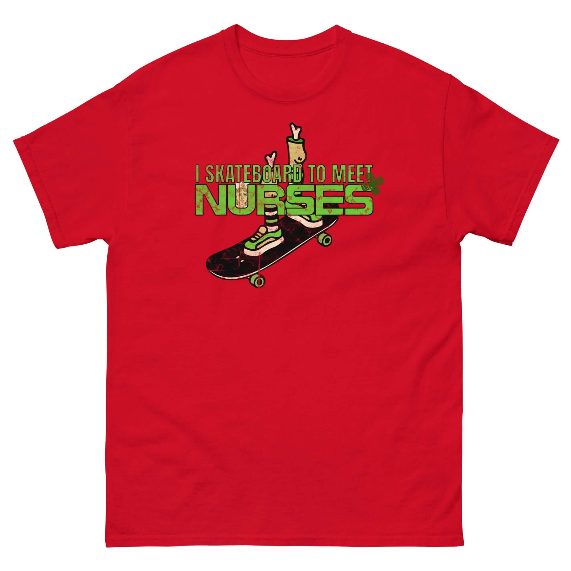 Red t-shirt with 'I Skateboard To Meet Nurses' design, featuring a skateboard graphic, ideal for emergency room humor and skateboarders.