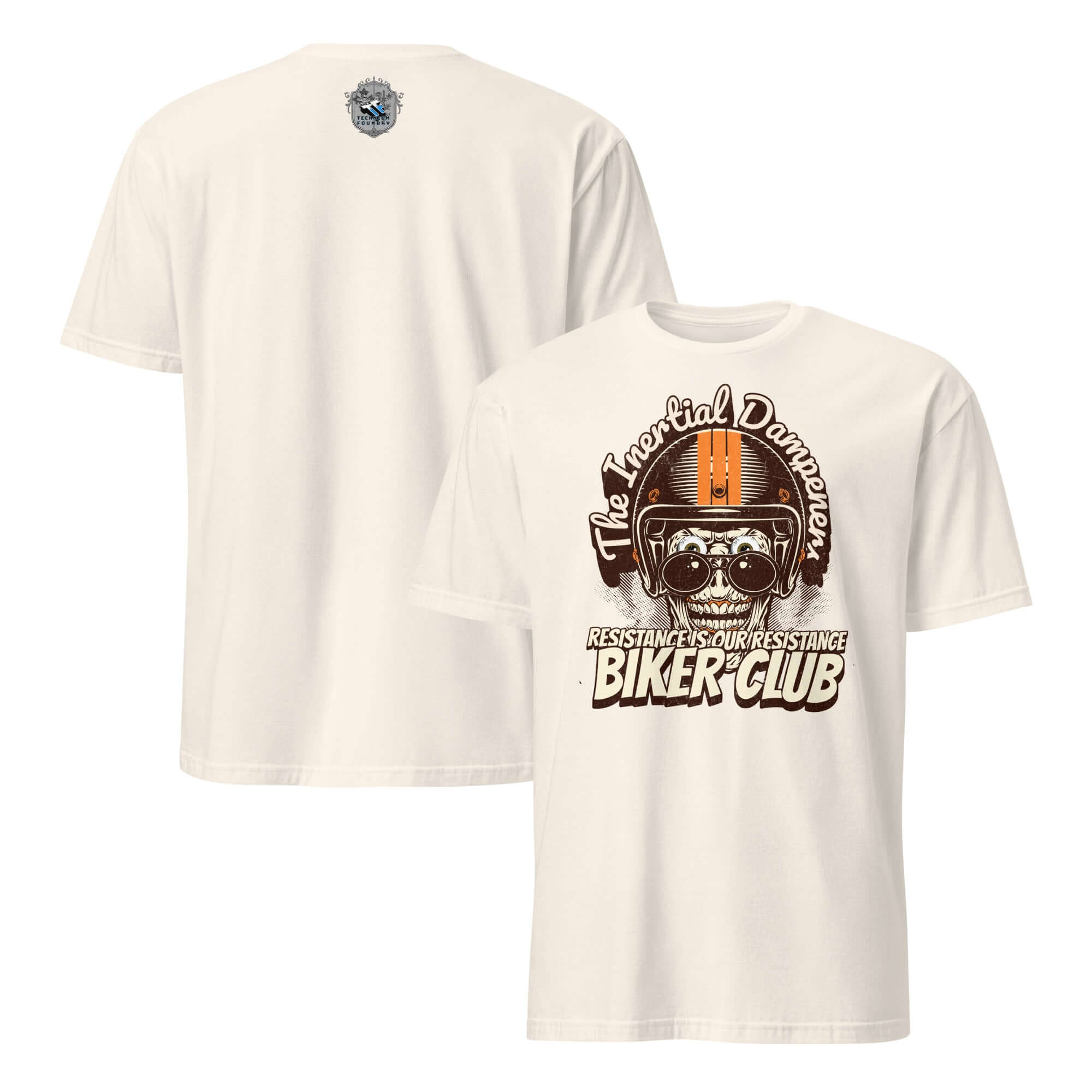 The Inertial Dampeners Biker Club T-Shirt featuring a skull in helmet design, blending physics and motorcycle momentum humor.