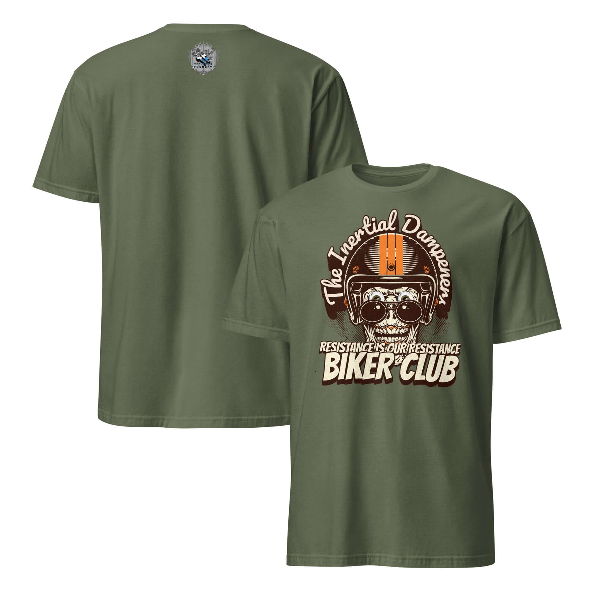 Green "The Inertial Dampeners" Biker Club T-Shirt with helmeted skull design, blending physics humor with motorcycle culture.