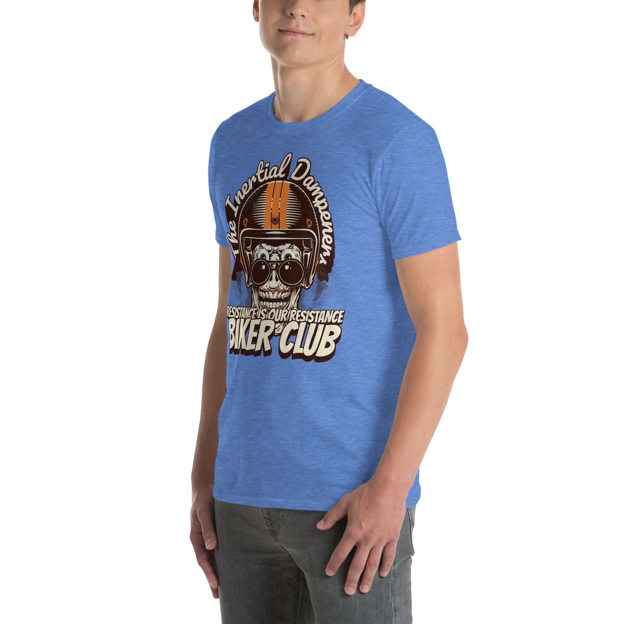 Man wearing "The Inertial Dampeners Biker Club" t-shirt with helmet skull graphic, highlighting physics resistance humor.