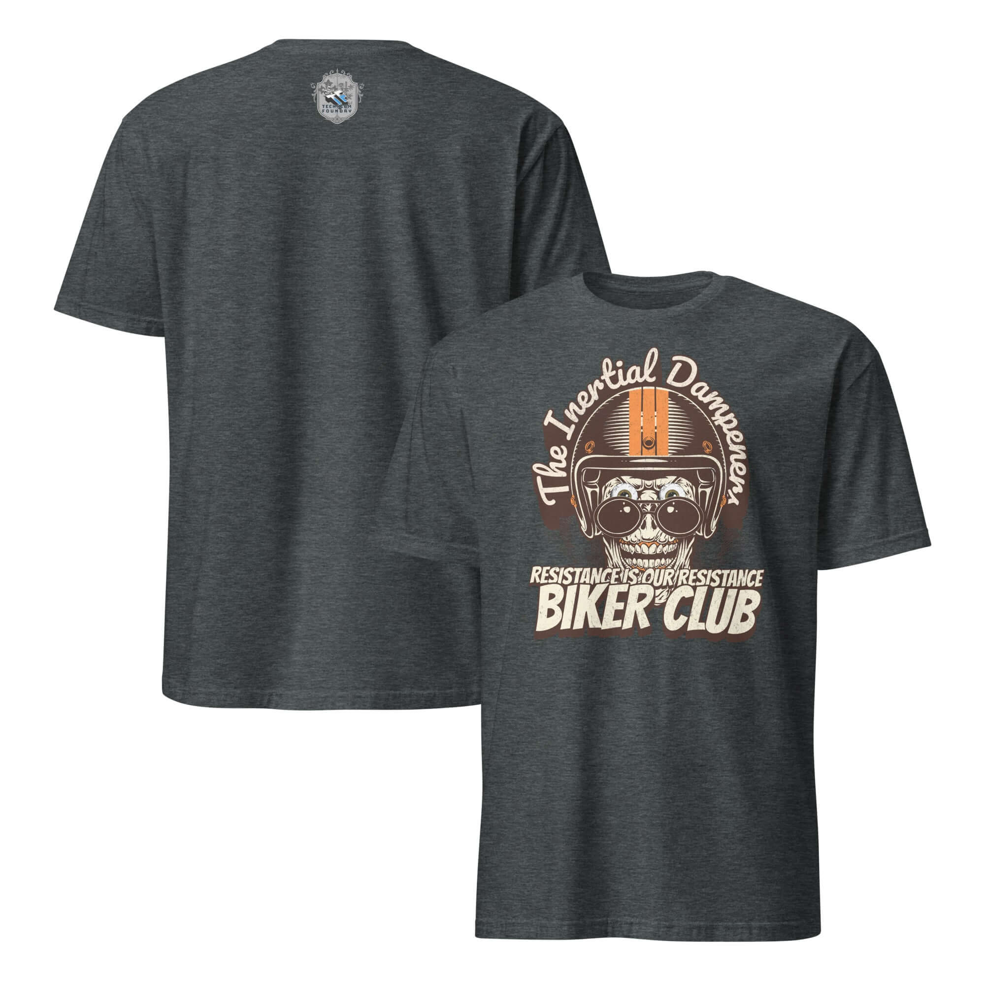The Inertial Dampeners Biker Club T-Shirt with skull helmet design, featuring physics humor and motorcycle momentum theme.