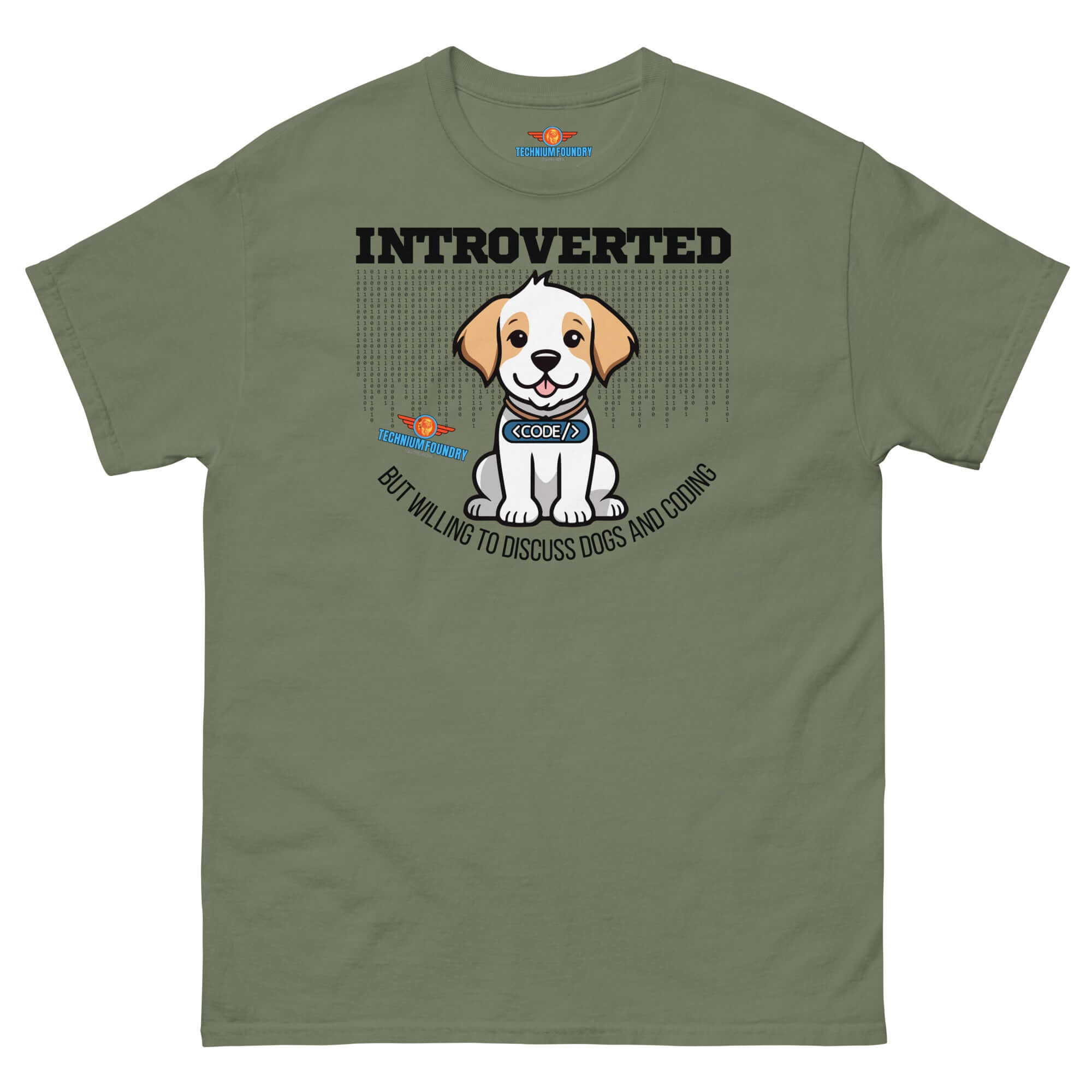Olive green "Introverted (But Willing To Discuss Dogs)" tee from Technium Foundry's Science & Tech Apparel Collection featuring puppy design.