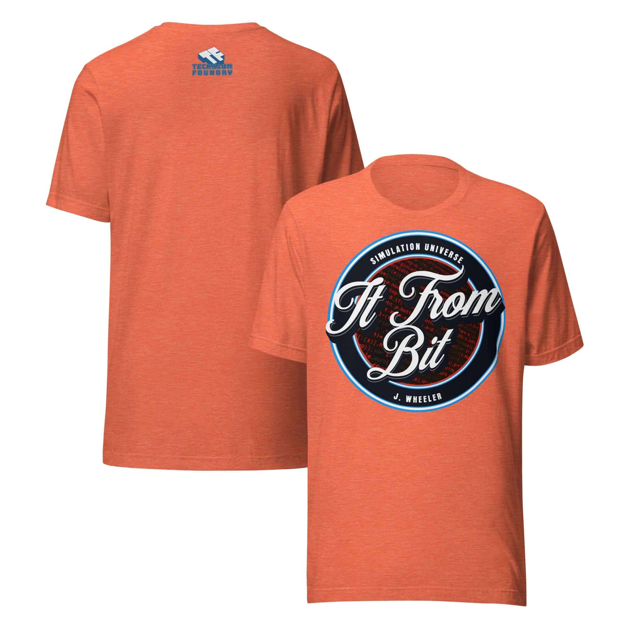 Orange It From Bit T-Shirt by J. Wheeler Universe, featuring quantum physics-inspired design connecting information theory and reality.