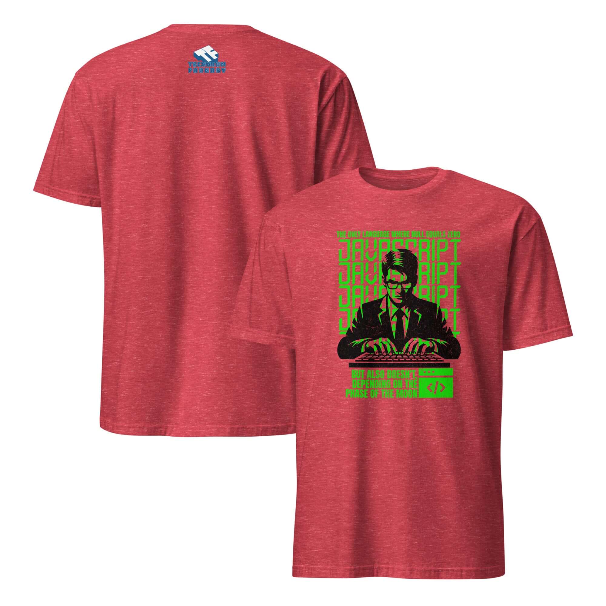JavaScript Moon Phase T-Shirt featuring neon-green design on red fabric, celebrating coding quirks with "Null Equals Zero (Sometimes)."