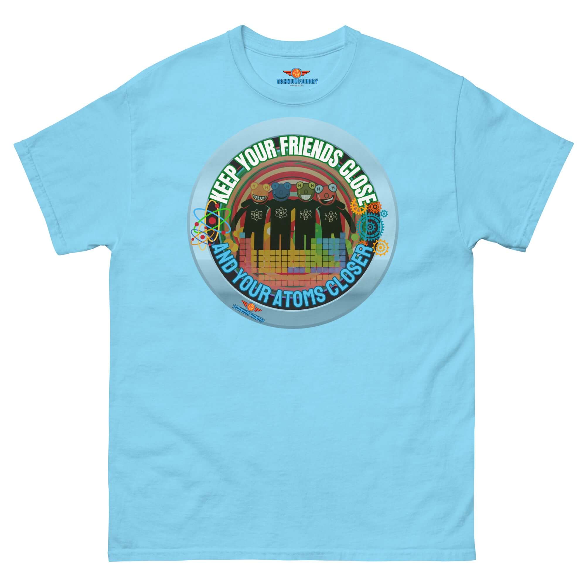 Blue t-shirt with retro-circle design of atoms resembling a boy band, phrase "Keep Your Friends Close and Your Atoms Closer"
