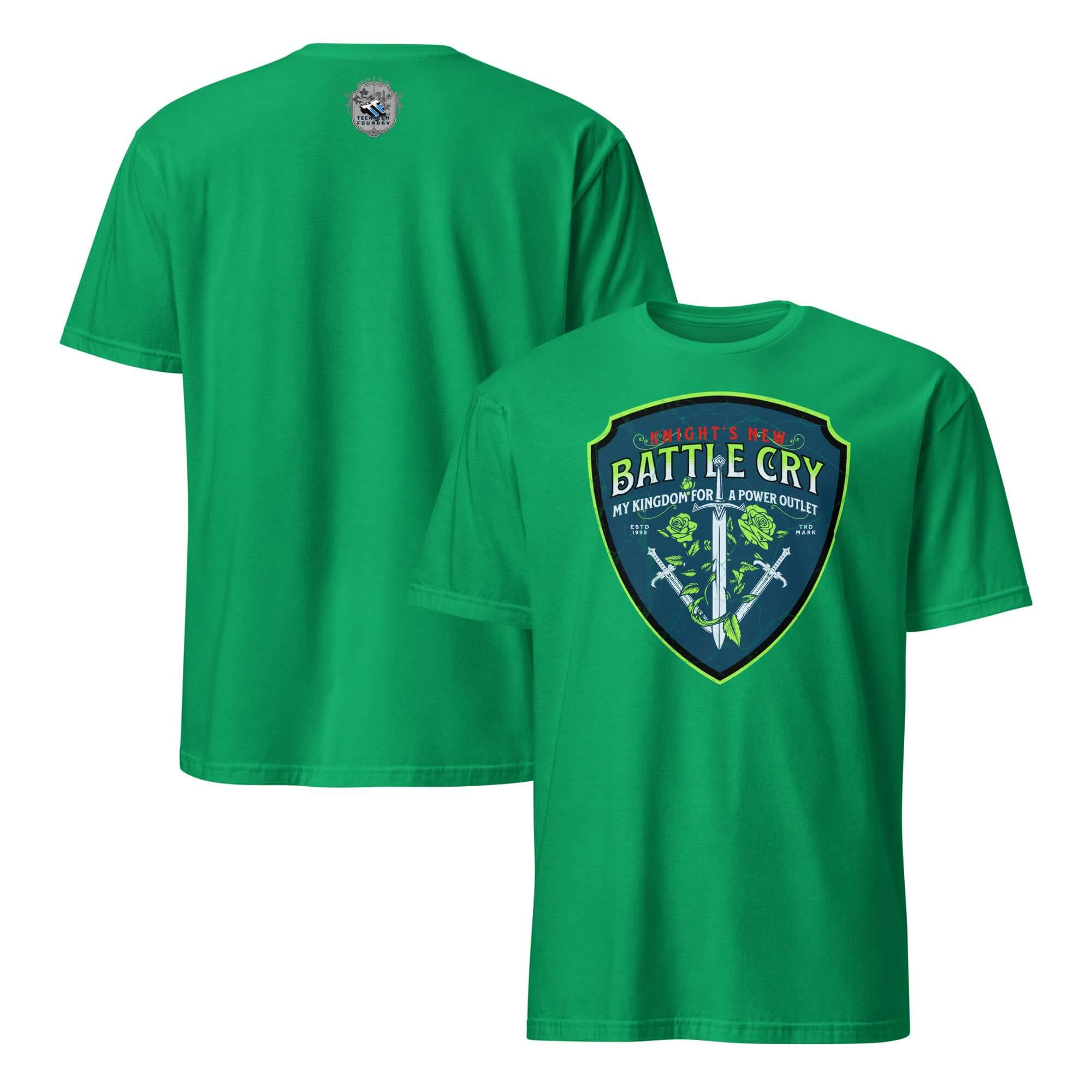 Green t-shirt with medieval tech humor shield design featuring three swords, roses, and text "Knight's New Battle Cry: My Kingdom For A Power Outlet."