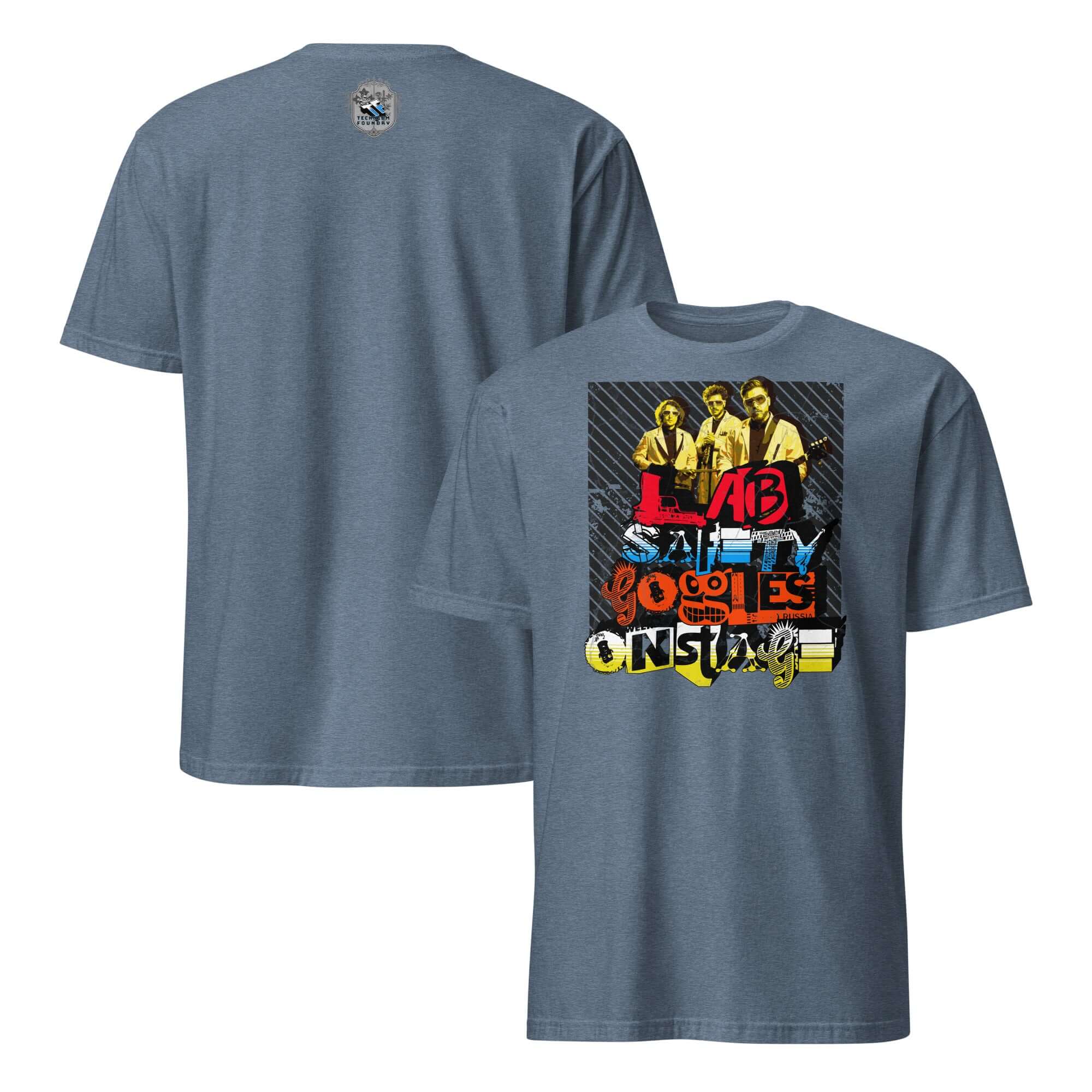 Lab Safety Goggles Onstage T-Shirt featuring science rock band graphic, combining OSHA compliance with vintage arena rock style.