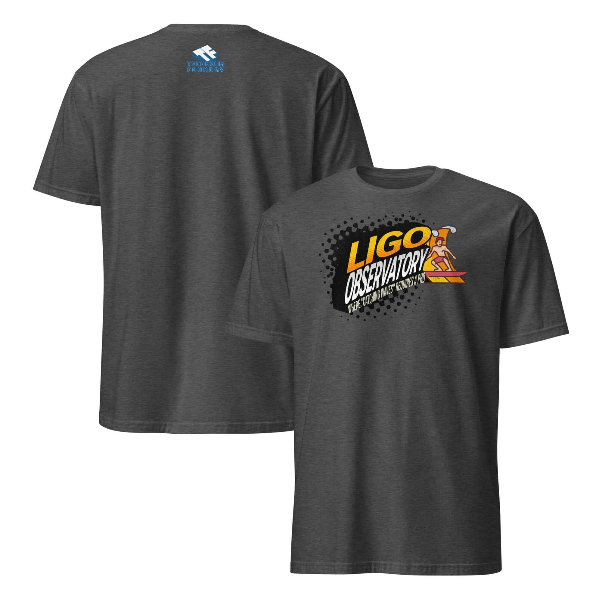 Charcoal LIGO Observatory T-shirt with vibrant gradient lettering, inspired by physicists catching spacetime waves.