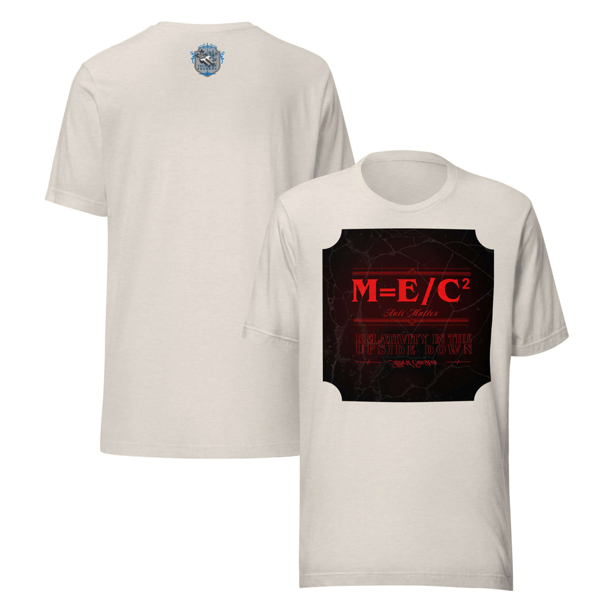 M=E/C² Anti-Matter T-Shirt featuring Einstein's equation flipped, screen-printed design on front and back view shown.