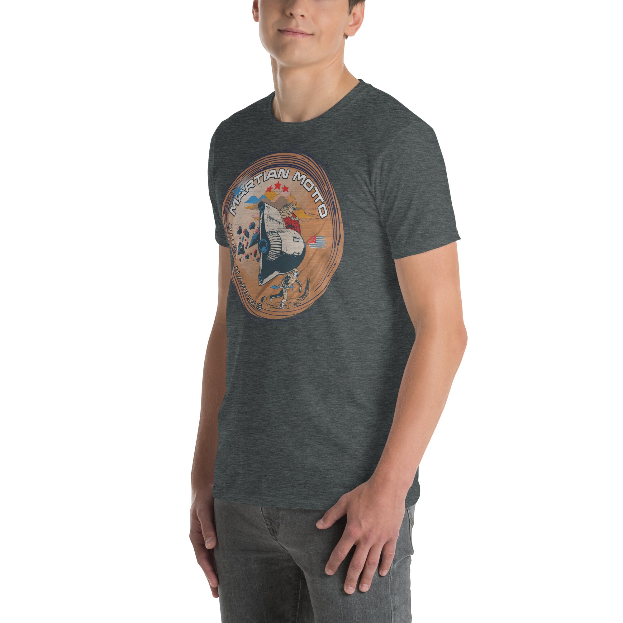 Martian Motto T-Shirt featuring vintage Mars mission patch with astronaut and landing module on heather grey fabric, perfect for space fans.