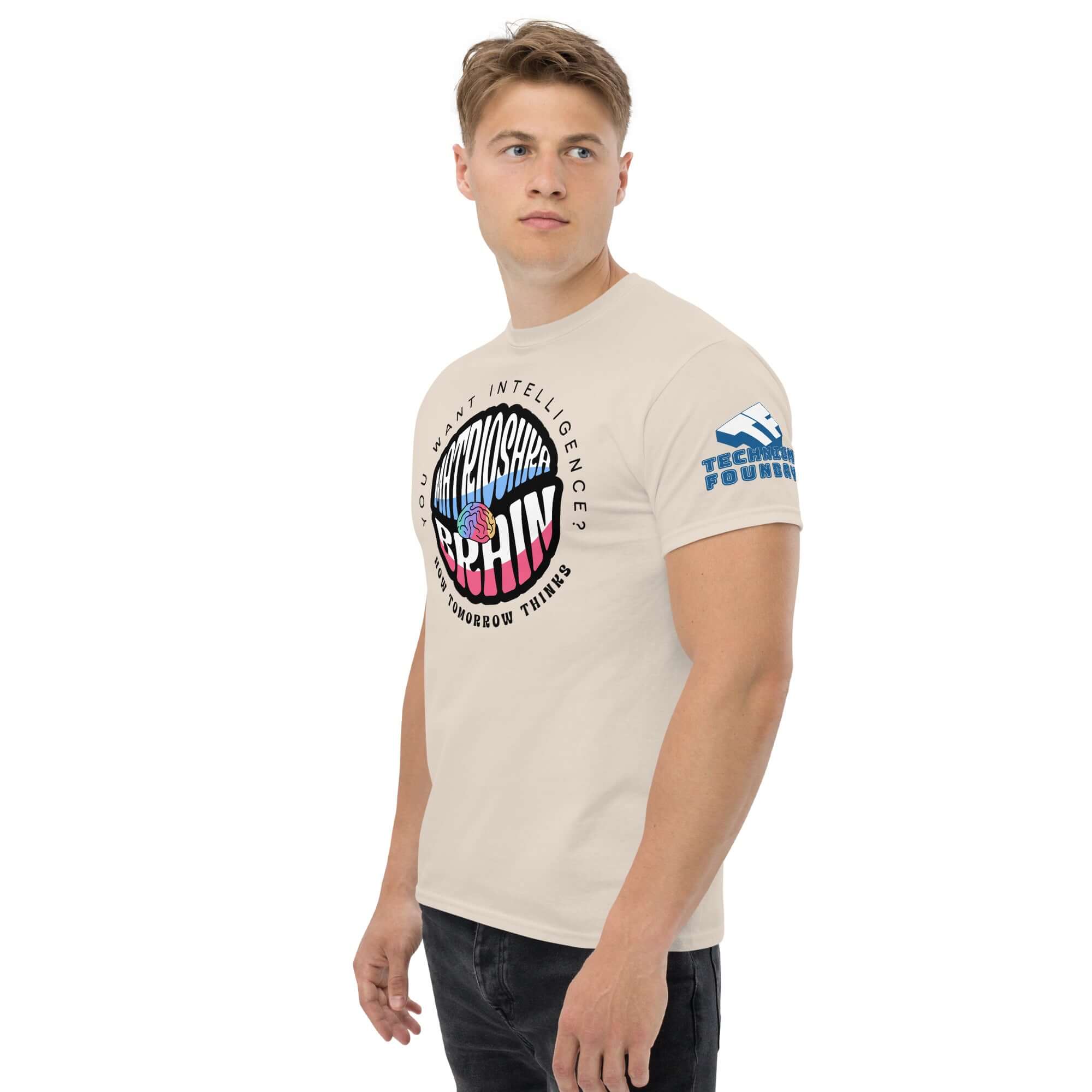 Man wearing Matrioshka Brain Futurist T-Shirt, embracing superintelligence style with "How Tomorrow Thinks" graphic. Perfect for futurists.