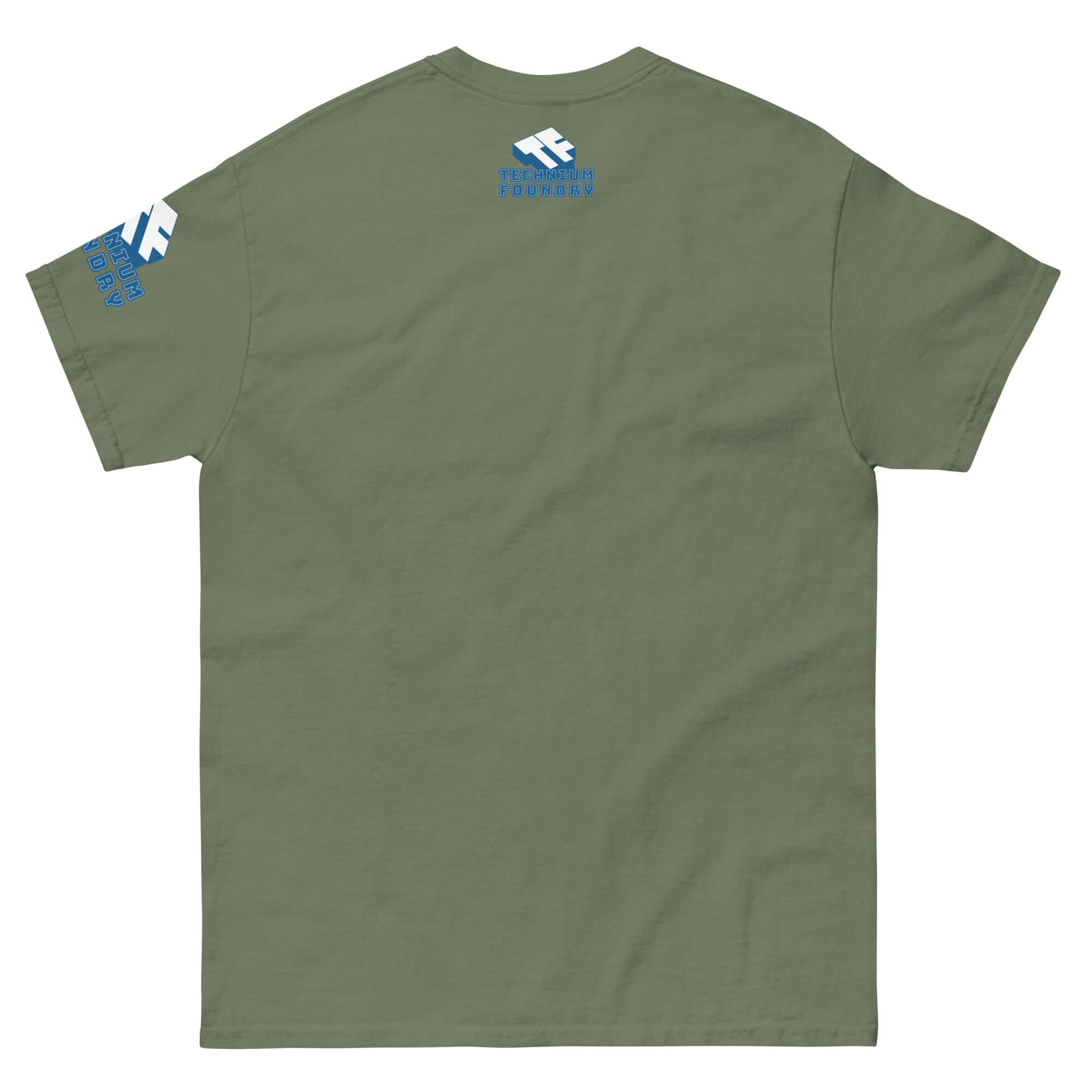 Back view of green Matrioshka Brain Futurist T-Shirt with blue futuristic designs, perfect for tech enthusiasts.