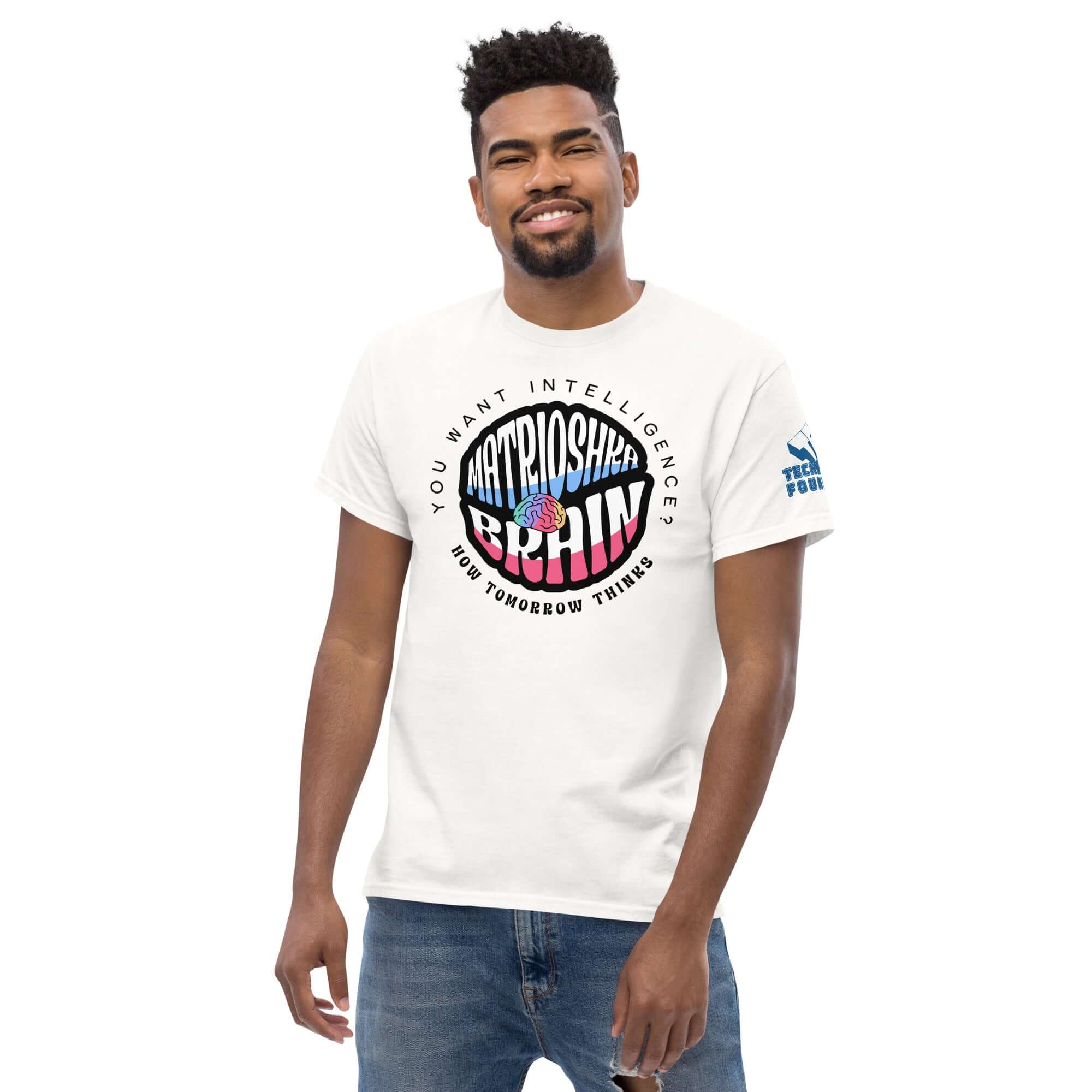 Man wearing Matrioshka Brain Futurist T-Shirt, featuring futuristic design and tagline 'How Tomorrow Thinks'