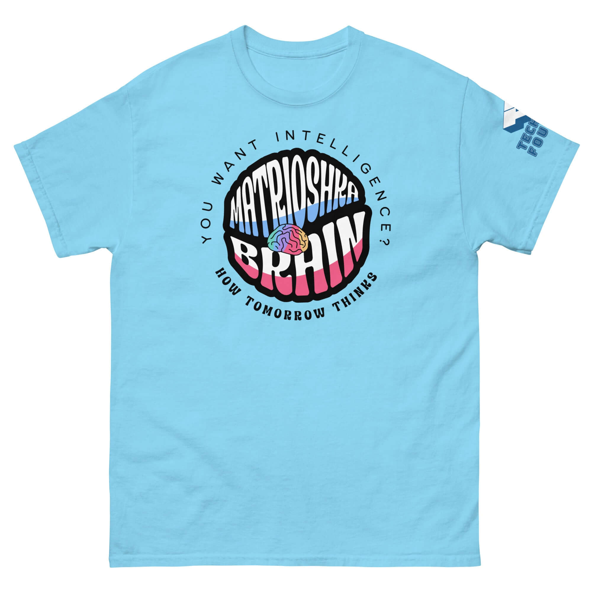 Matrioshka Brain Futurist T-Shirt with "How Tomorrow Thinks" design in blue, perfect for computational megastructure fans.