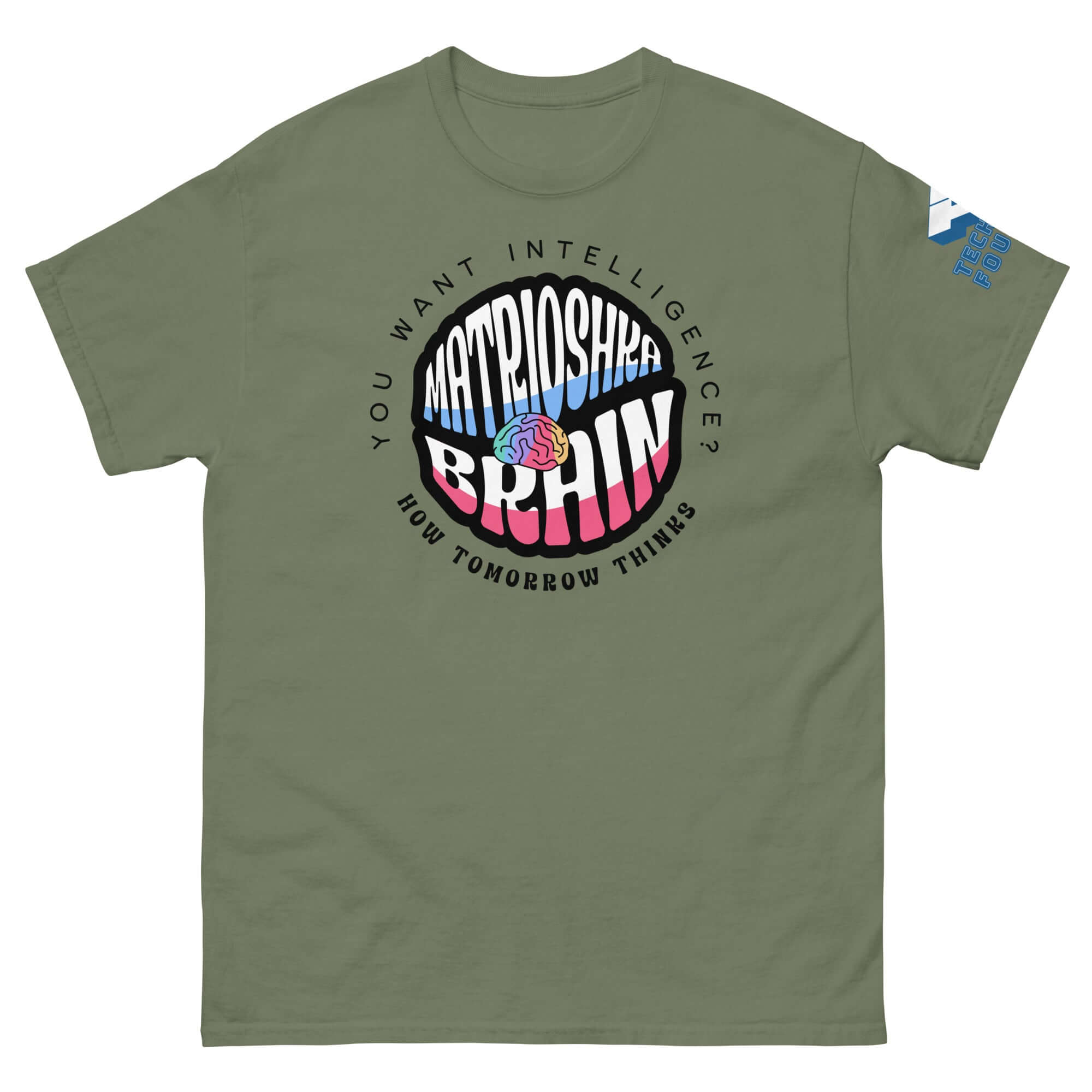 Alt Tag: Matrioshka Brain Futurist T-Shirt with colorful logo for tech enthusiasts and futurists.