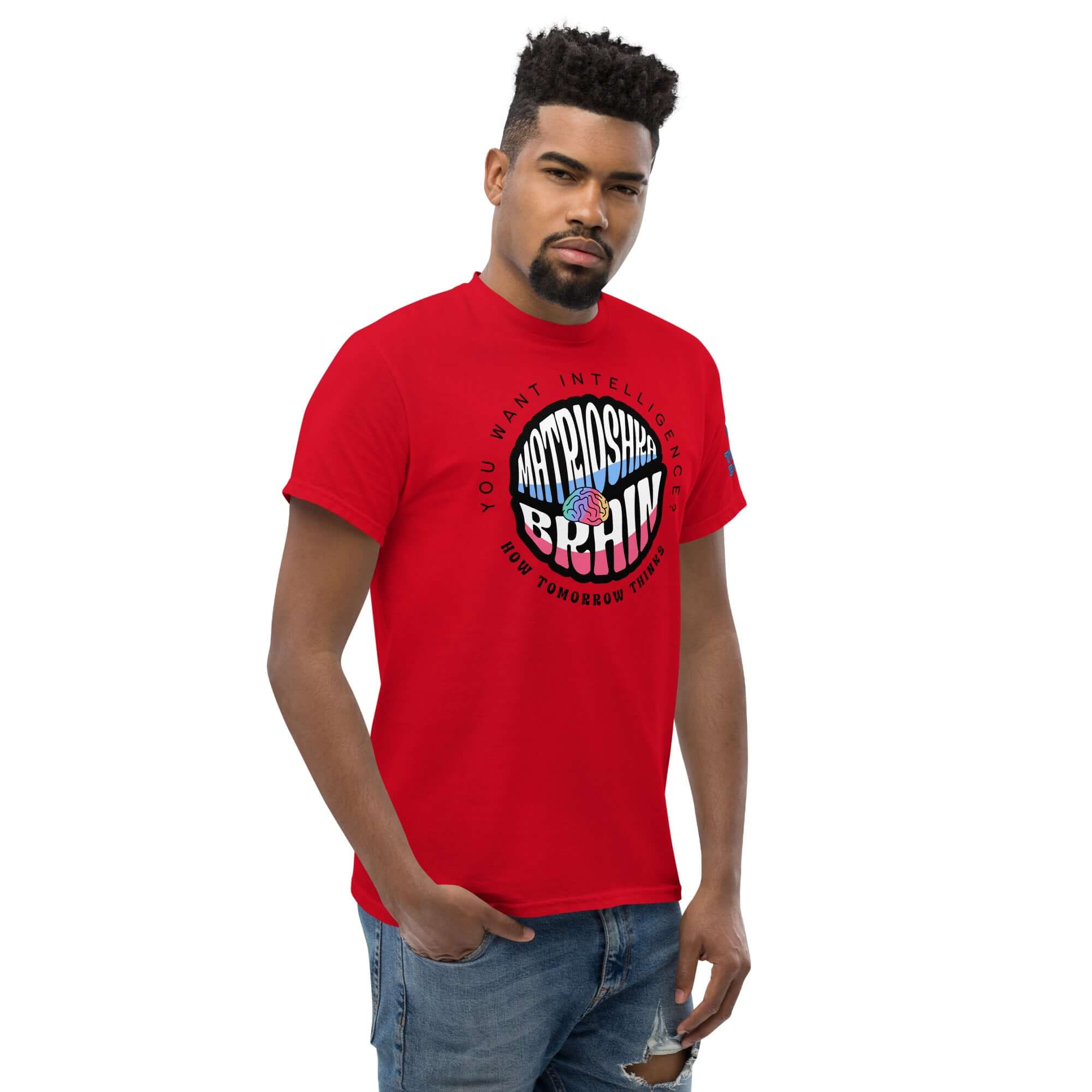 Man models red Matrioshka Brain Futurist T-Shirt, a computational megastructure apparel for brilliant minds.