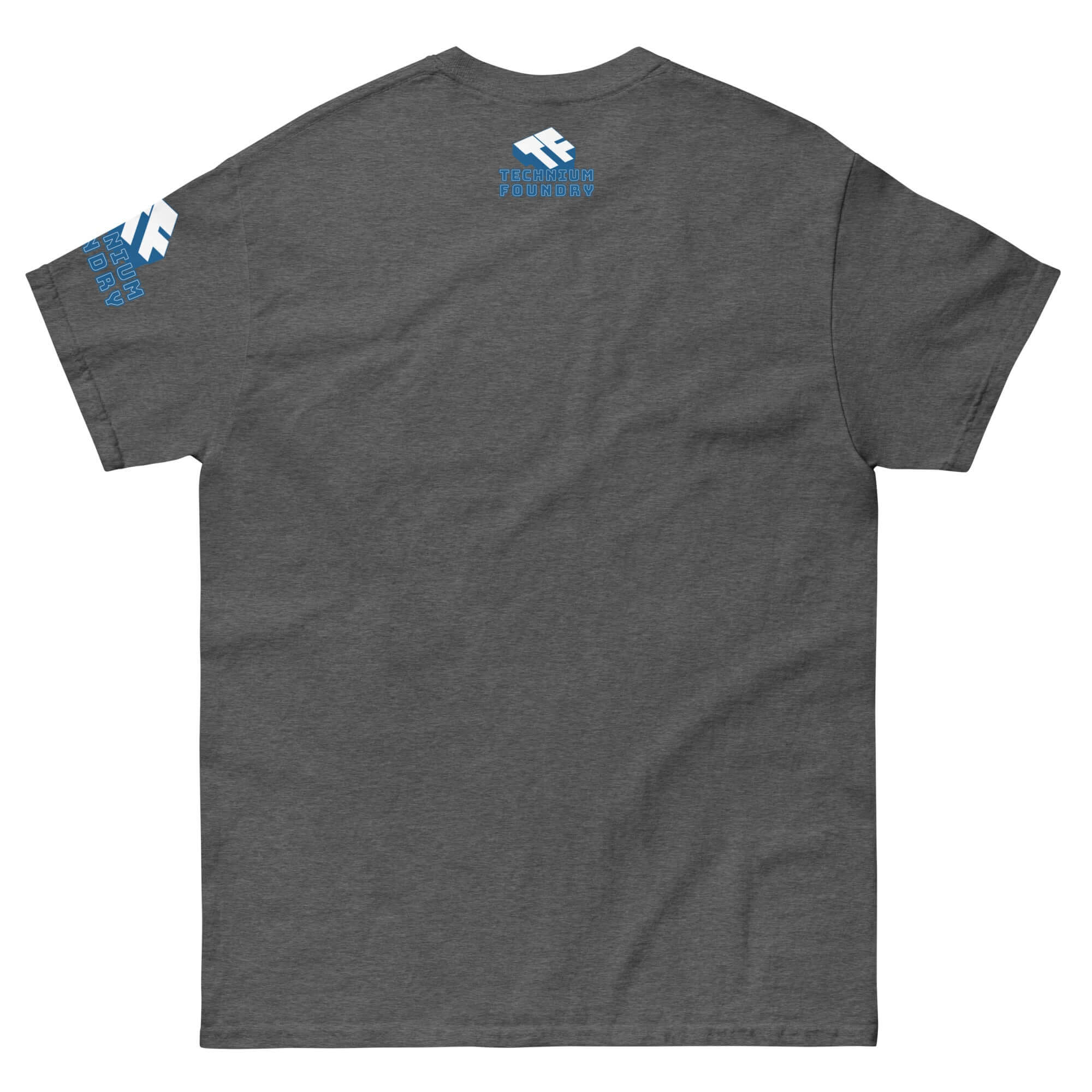 Back of grey "Matrioshka Brain Futurist" t-shirt with blue print, perfect for computational megastructure enthusiasts.