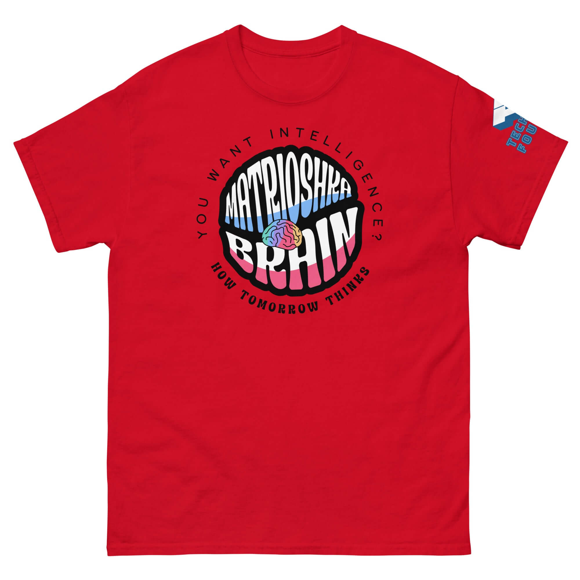 Red Matrioshka Brain T-Shirt featuring futuristic design for intellectual explorers.