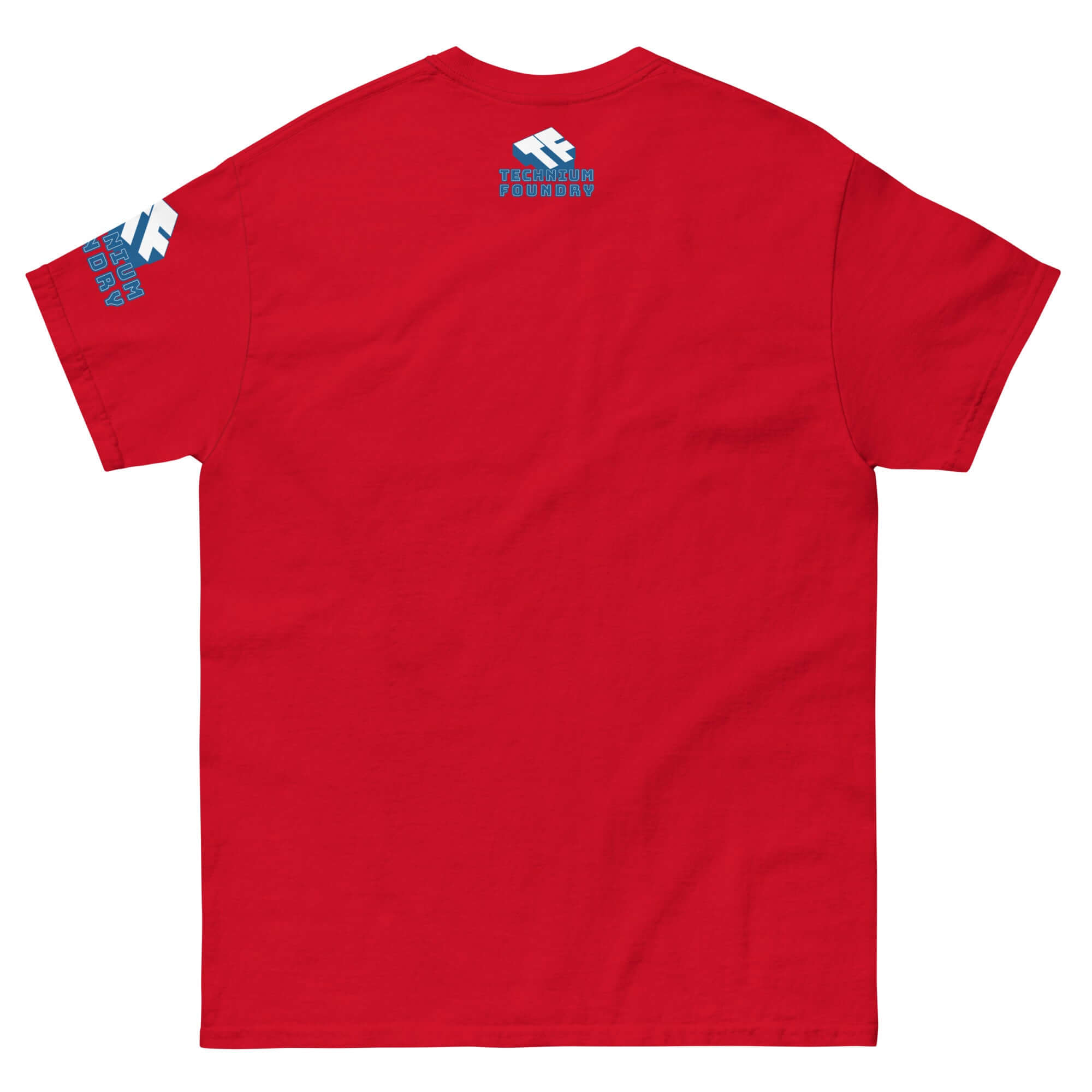 Red Matrioshka Brain Futurist T-Shirt, back view, showcasing nerdy wear for computational megastructure enthusiasts.