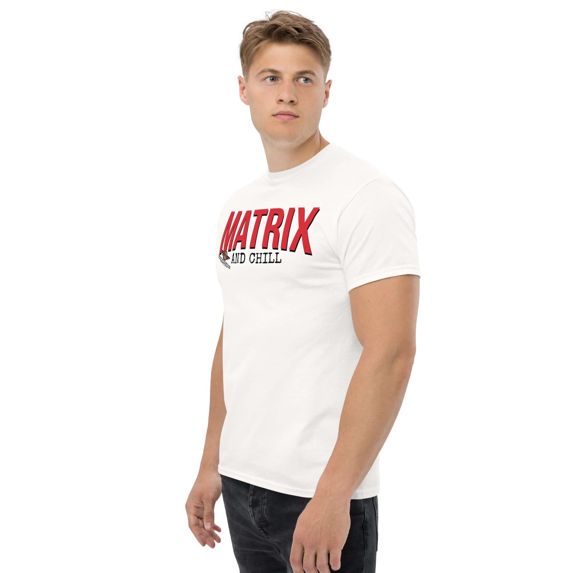 Man wearing a white 'Matrix and Chill' mathematics parody t-shirt with red typography, perfect for linear algebra enthusiasts and humor lovers.