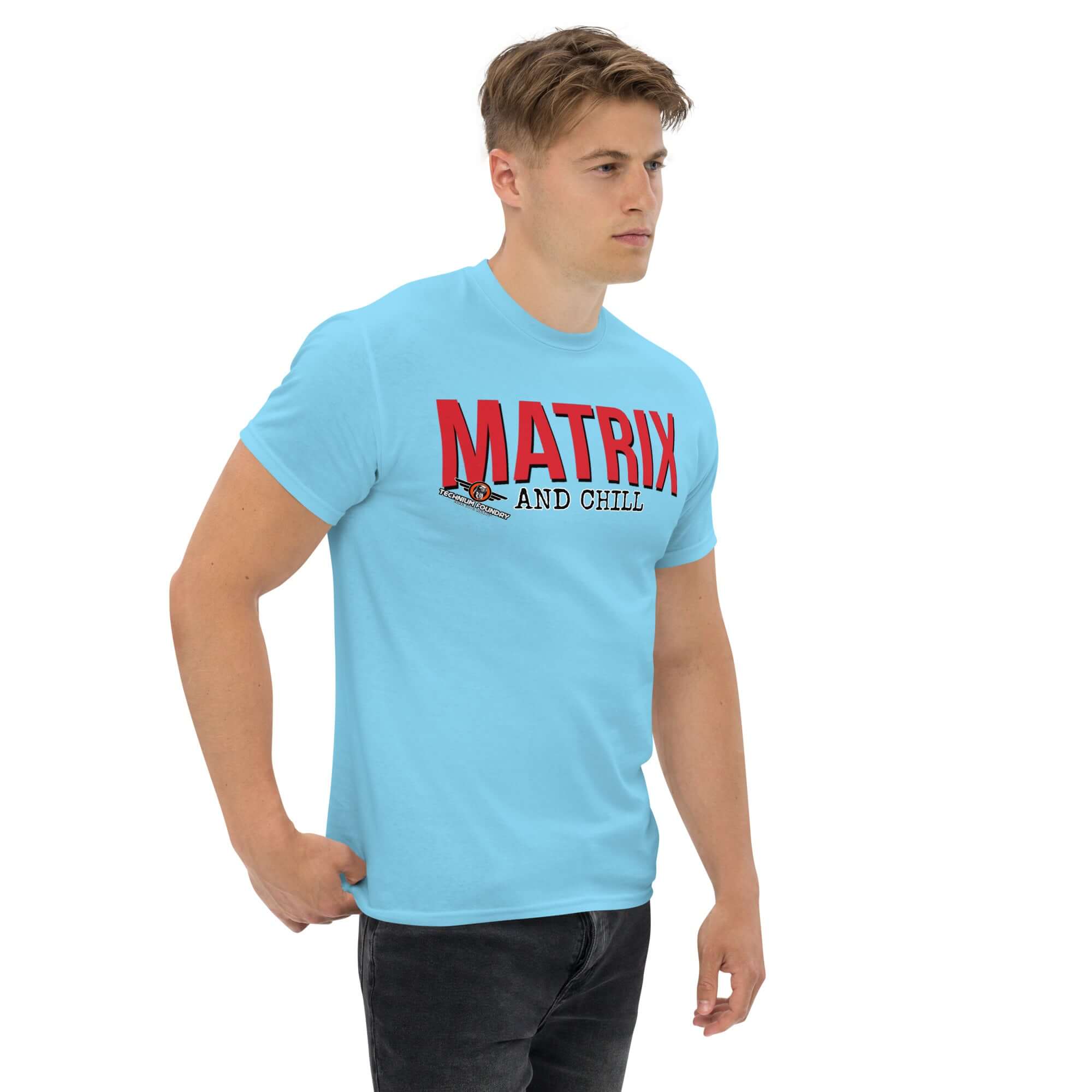 Man wearing blue "Matrix and Chill" t-shirt with bold red text, showcasing linear algebra humor and stylish loungewear.