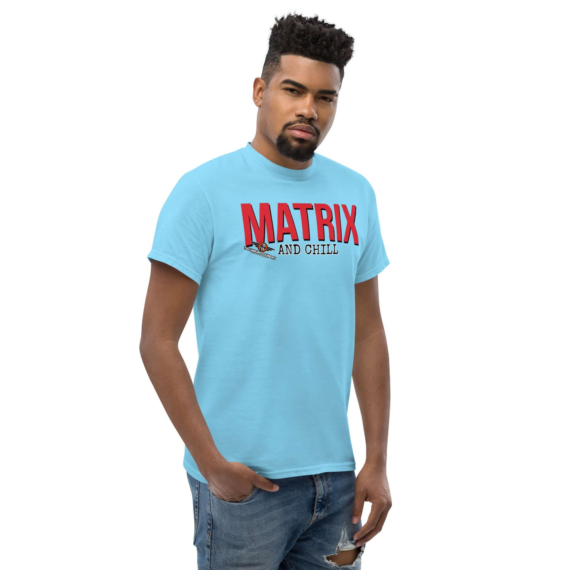 Matrix and Chill Mathematics Parody T-Shirt with bold red typography, perfect for linear algebra enthusiasts and casual wear.