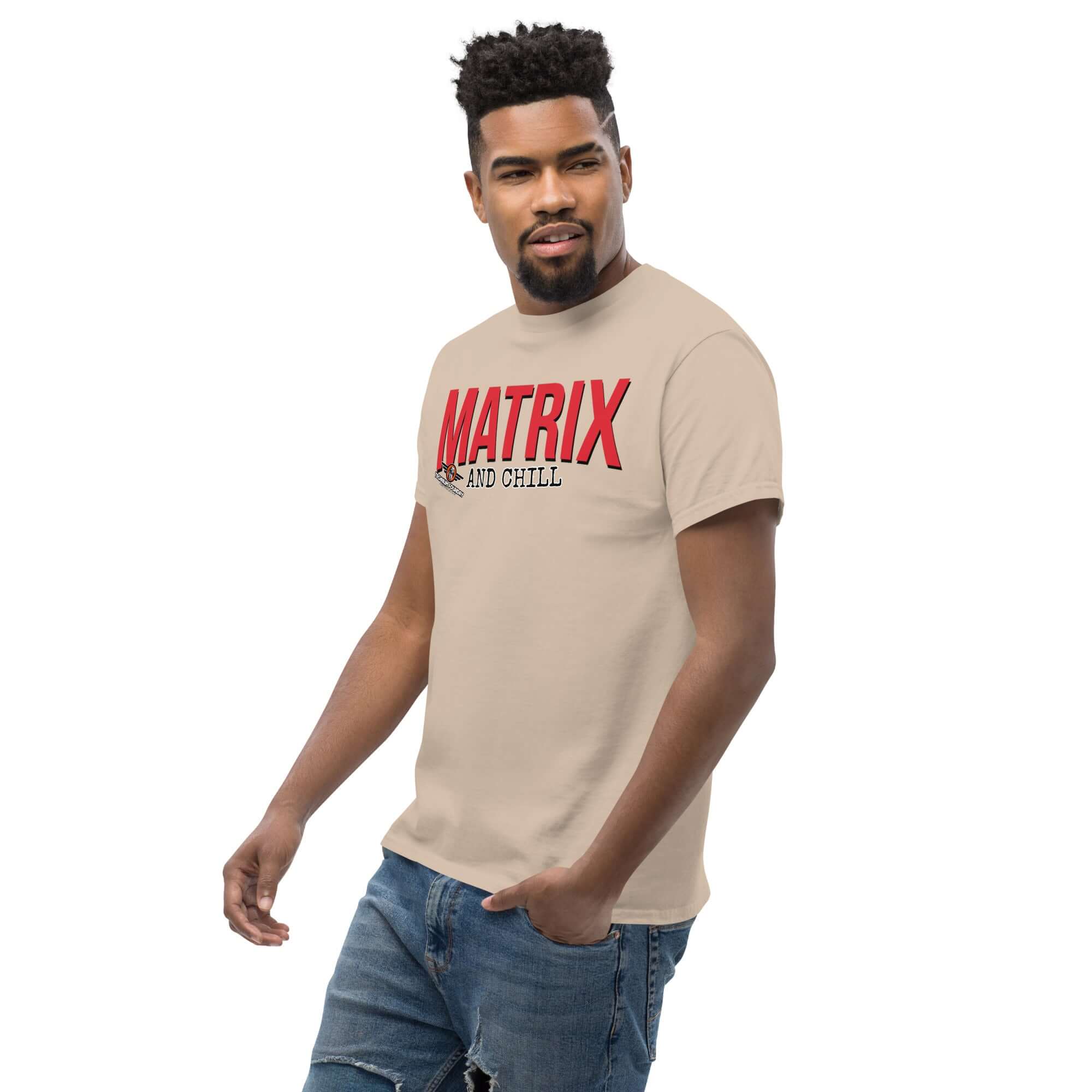 Man wearing Matrix and Chill mathematics parody t-shirt with bold red typography, perfect for linear algebra humor lovers.