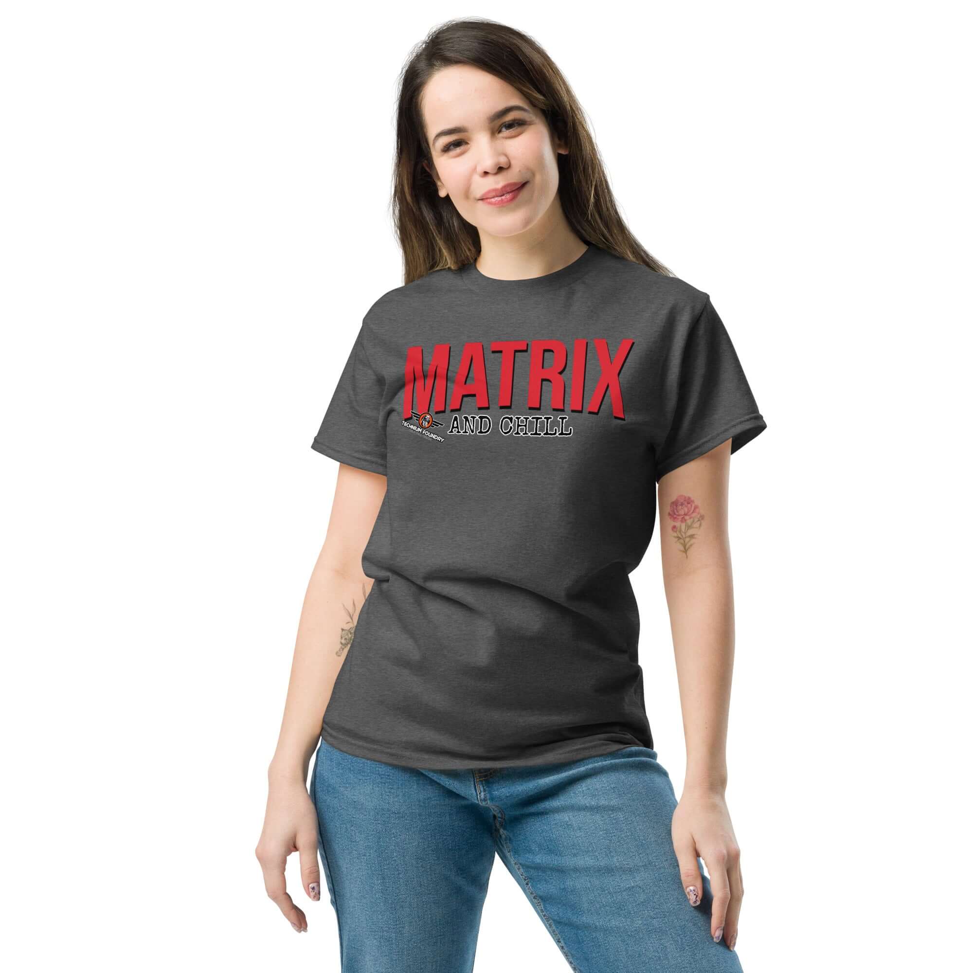 Matrix and Chill Mathematics Parody T-Shirt in bold red lettering, worn by a smiling model, perfect for math enthusiasts and casual wear.
