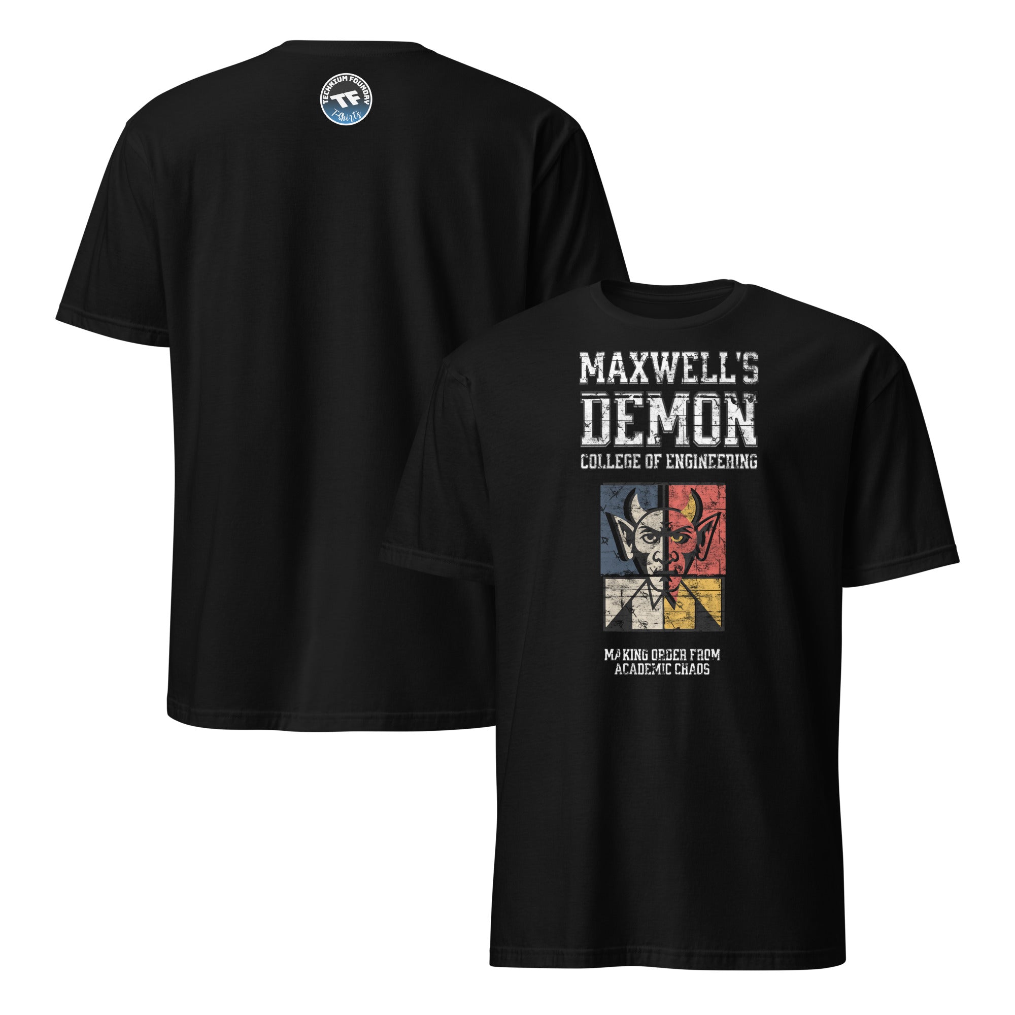 Maxwell's Demon College of Engineering T-Shirt featuring humorous academic entropy control and physics-themed graphics.