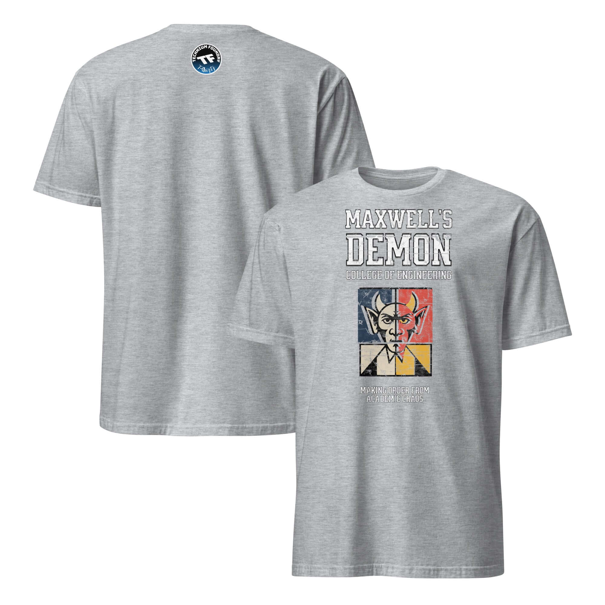 Maxwell's Demon College of Engineering T-Shirt showcasing academic humor and physics paradox design.